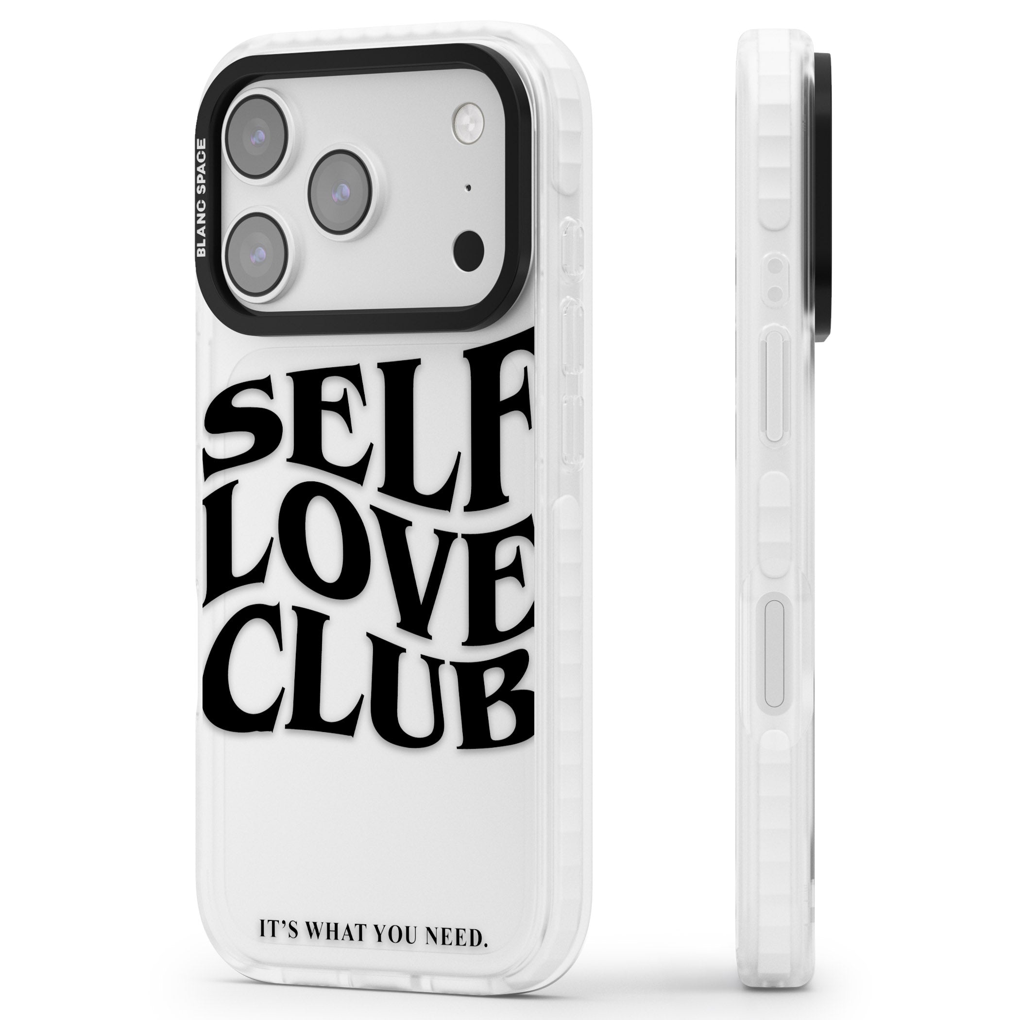 Self Love Club Black iPhone 17 Pro Impact Clear Phone Case Side Profile
