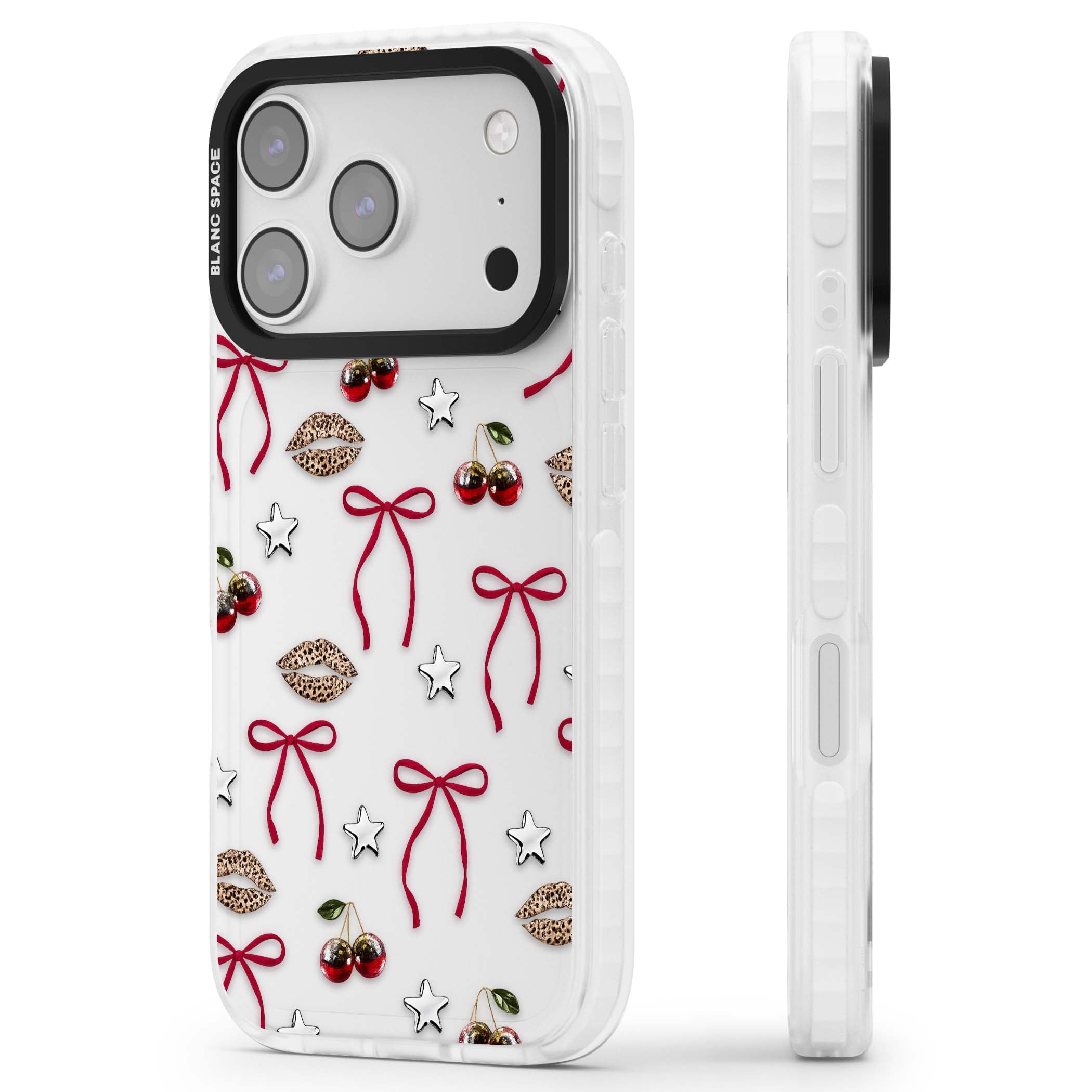 Starlet coquette iPhone case featuring red ribbon bows, disco cherries and leopard-print lips | Black Impact case for iPhone 17 Pro, iPhone 17 Pro Max