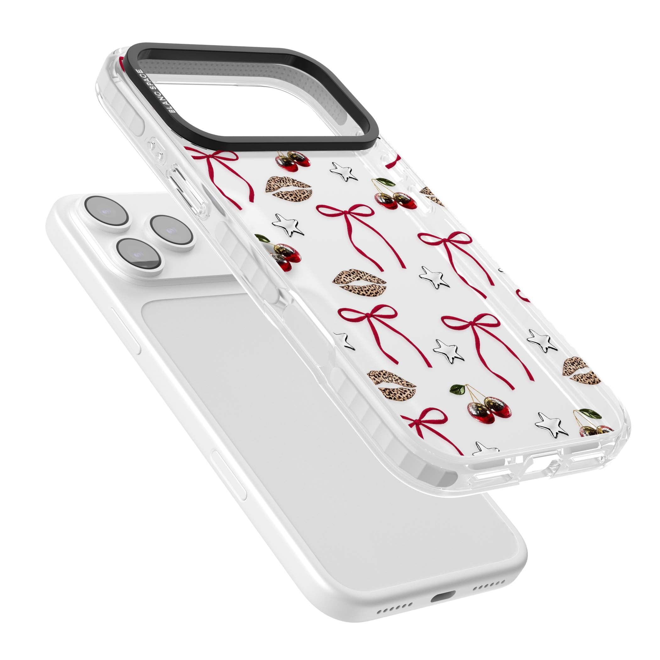 Starlet coquette iPhone case featuring red ribbon bows, disco cherries and leopard-print lips | Black Impact case for iPhone 17 Pro, iPhone 17 Pro Max