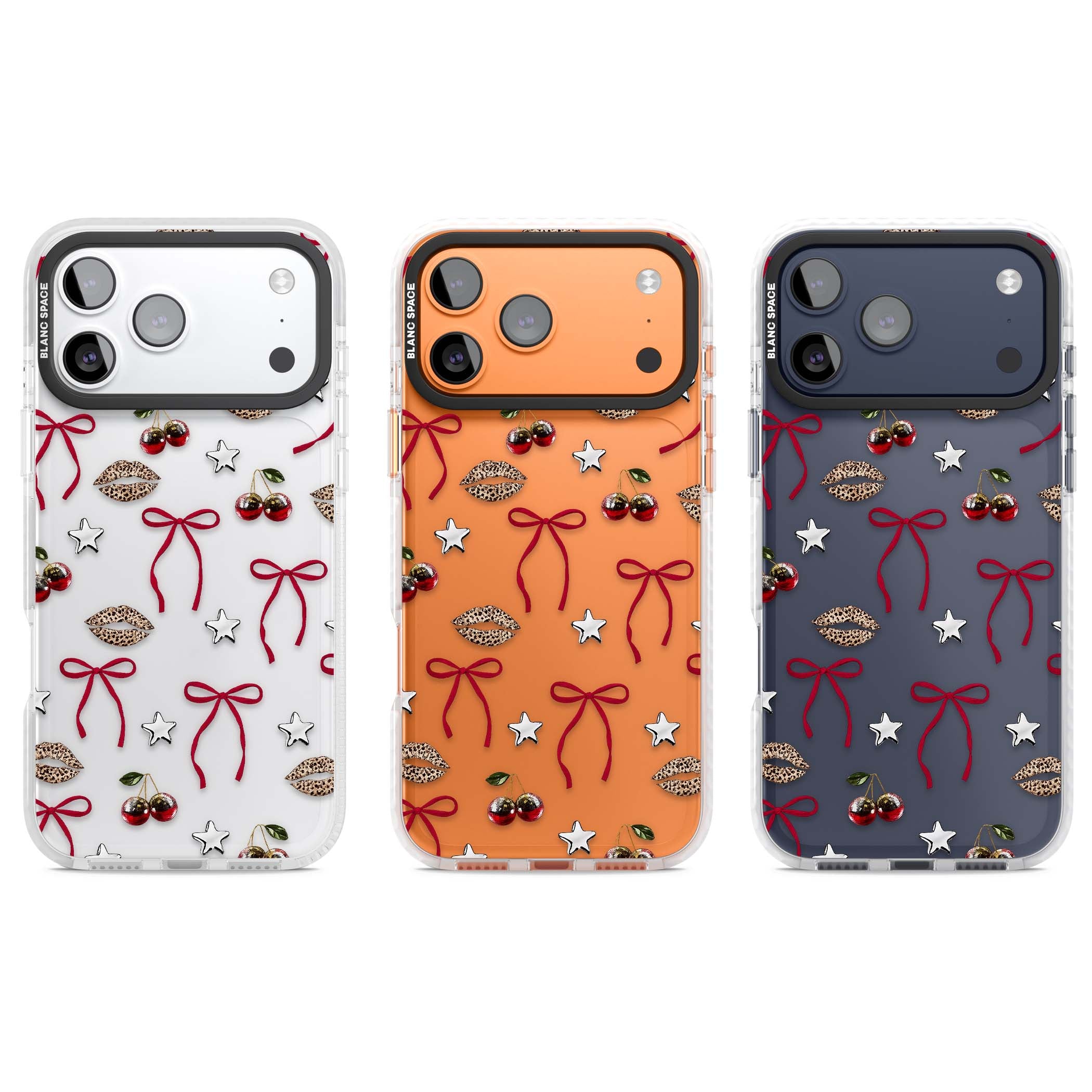 Starlet coquette iPhone case featuring red ribbon bows, disco cherries and leopard-print lips | Black Impact case for iPhone 17 Pro, iPhone 17 Pro Max