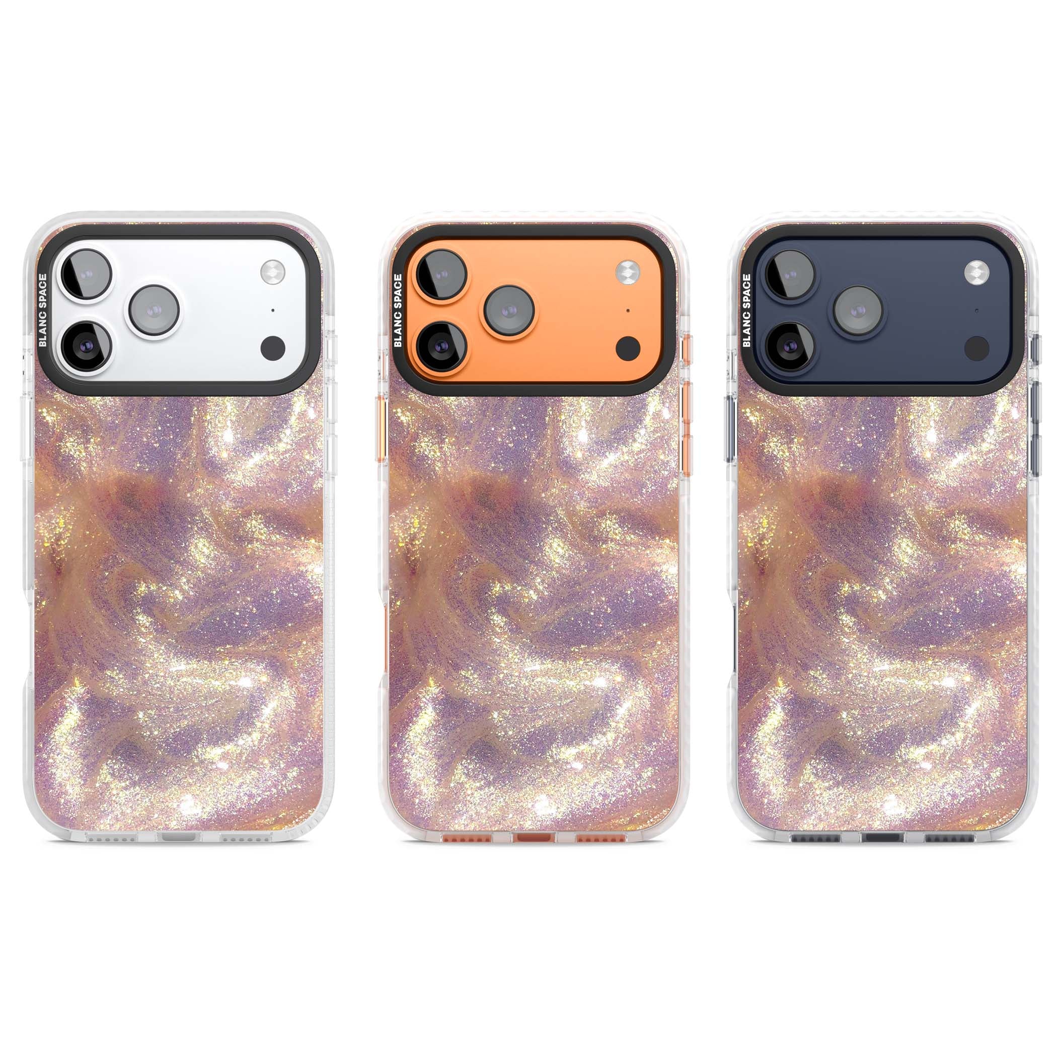 Shimmer marble iPhone case featuring rose gold glitter swirls, lilac shimmer and iridescent pearl finish | Black Impact case for iPhone 17 Pro, iPhone 17 Pro Max