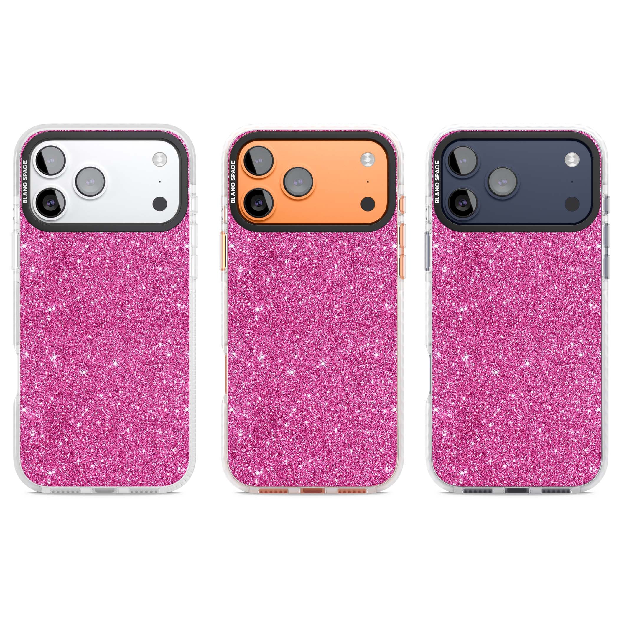 Pink Glitter Y2K iPhone case featuring hot pink glitter wallpaper with sparkle shimmer effect | Black Impact case for iPhone 17 Pro, iPhone 17 Pro Max