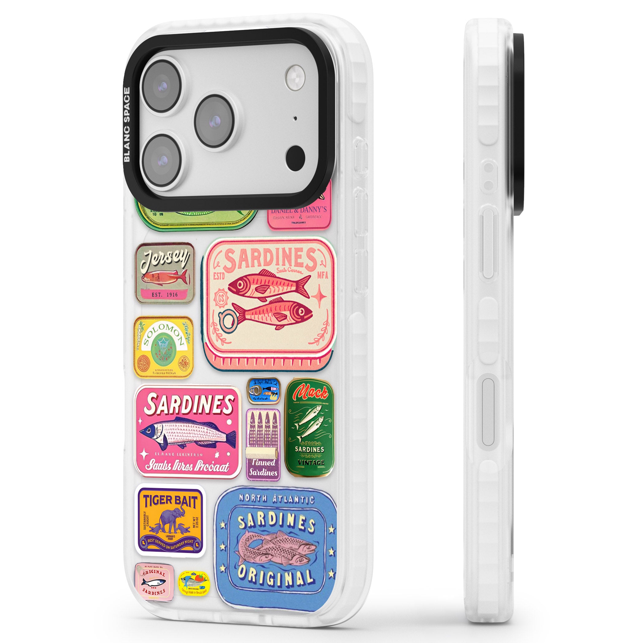 Vintage Sardine Tins iPhone 17 Pro Impact Clear Phone Case Side Profile