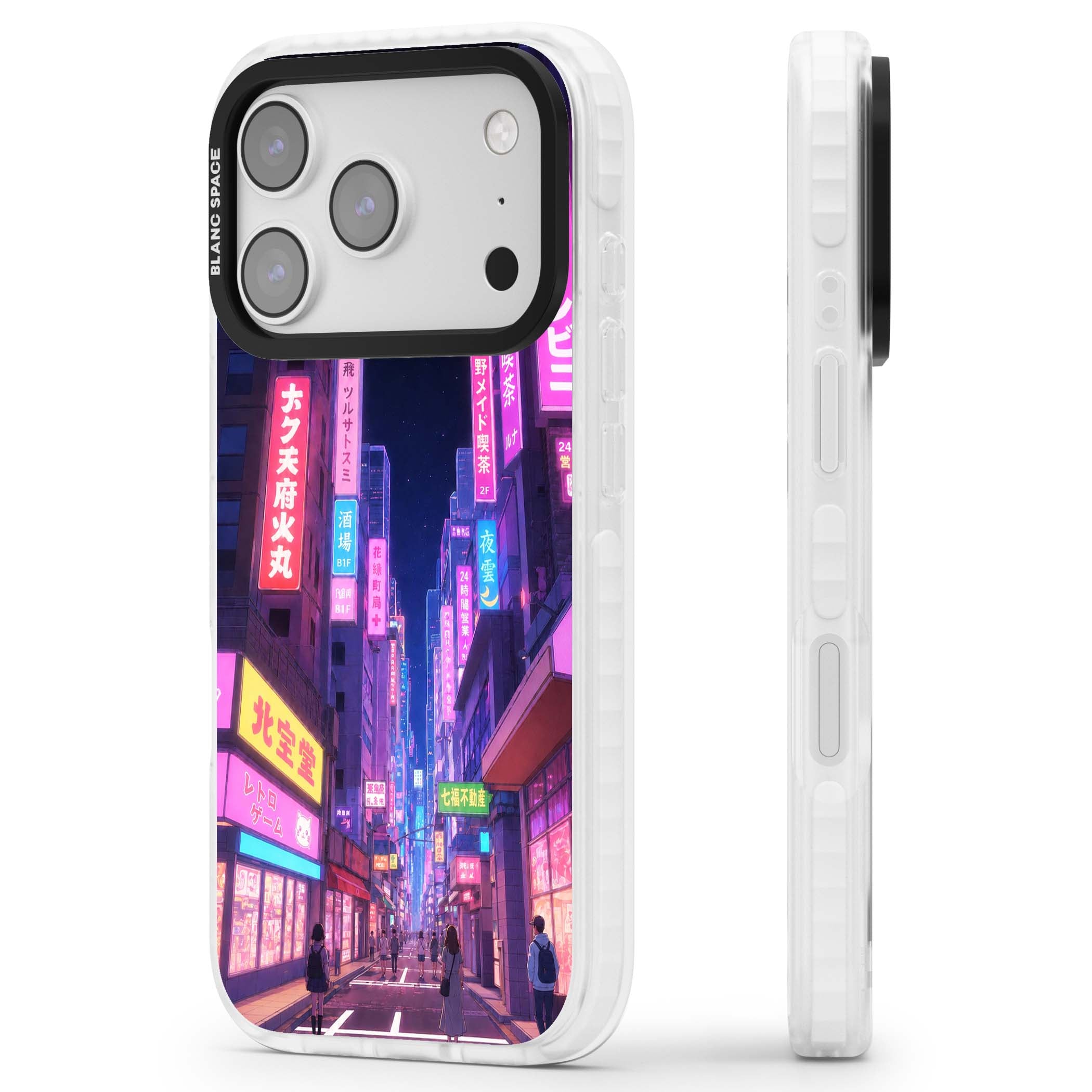 Shibuya At Night Japanese neon city iPhone case featuring glowing kanji signs, pink storefronts and a Tokyo street at n | Black Impact case for iPhone 17 Pro, iPhone 17 Pro Max