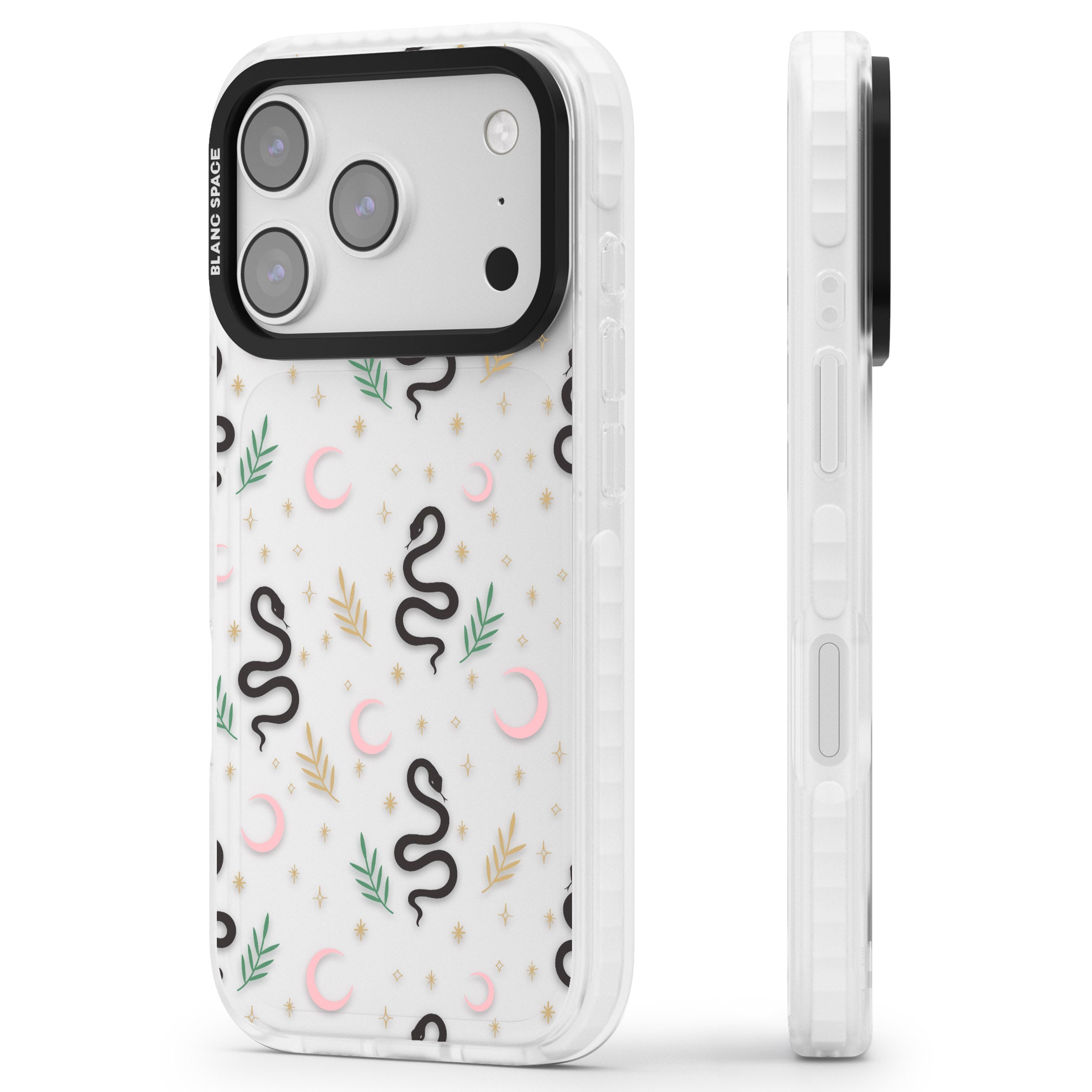 Snake & Moon Pattern iPhone 17 Pro Impact Clear Phone Case Side Profile