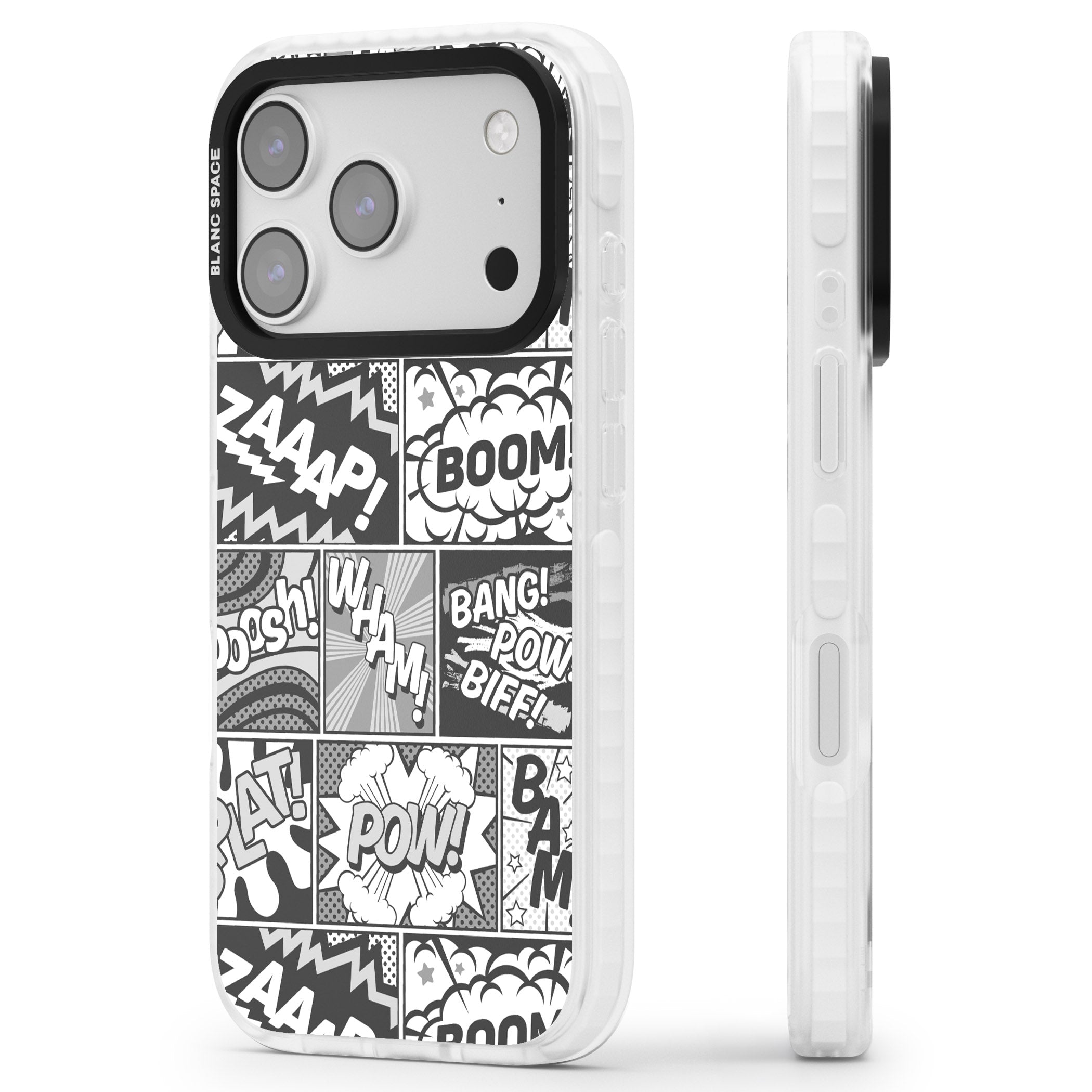 Onomatopoeia (Black & White) iPhone 17 Pro Impact Clear Phone Case Side Profile