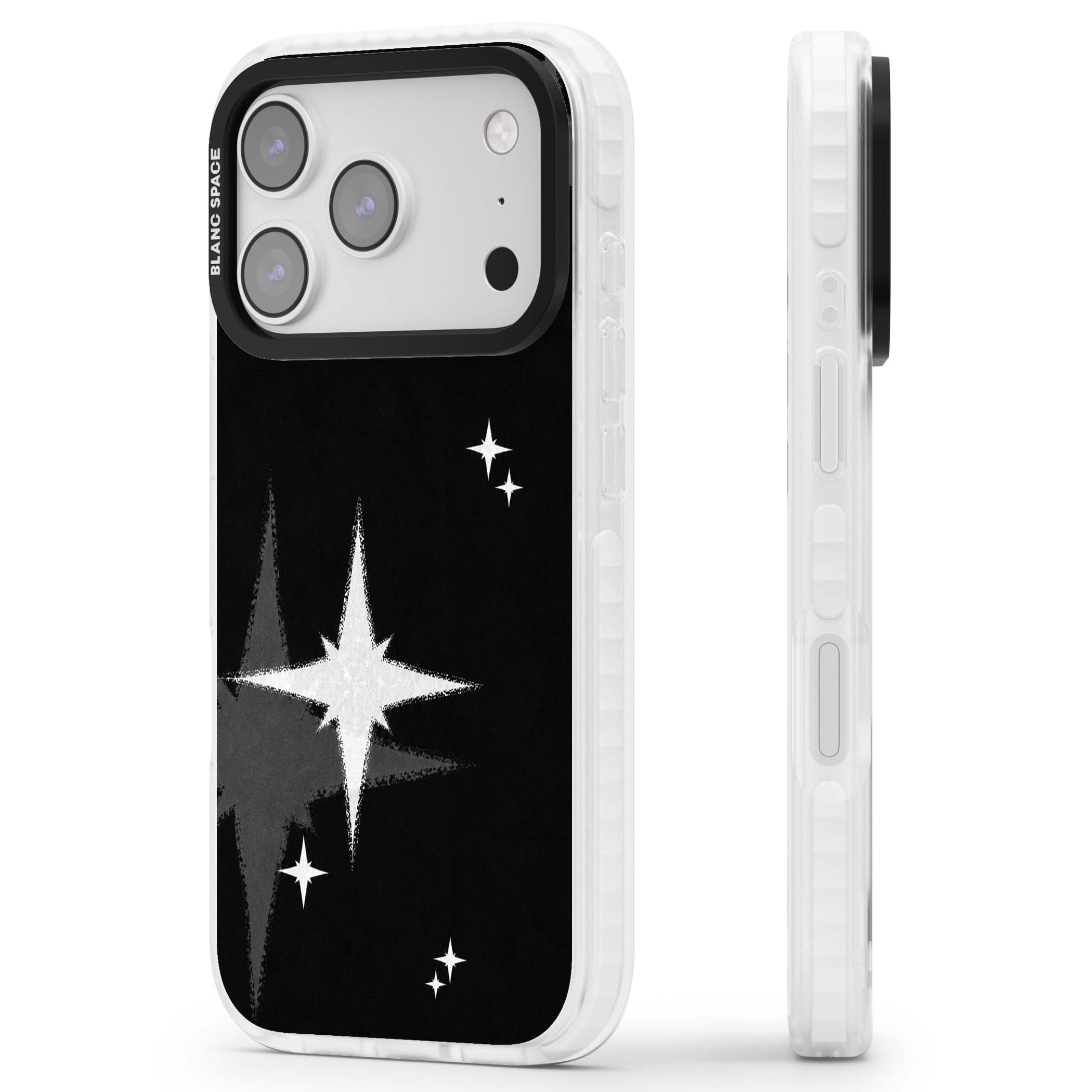 Black Sparkle celestial iPhone case featuring white sparkle stars on a black night sky background | Black Impact case for iPhone 17 Pro, iPhone 17 Pro Max