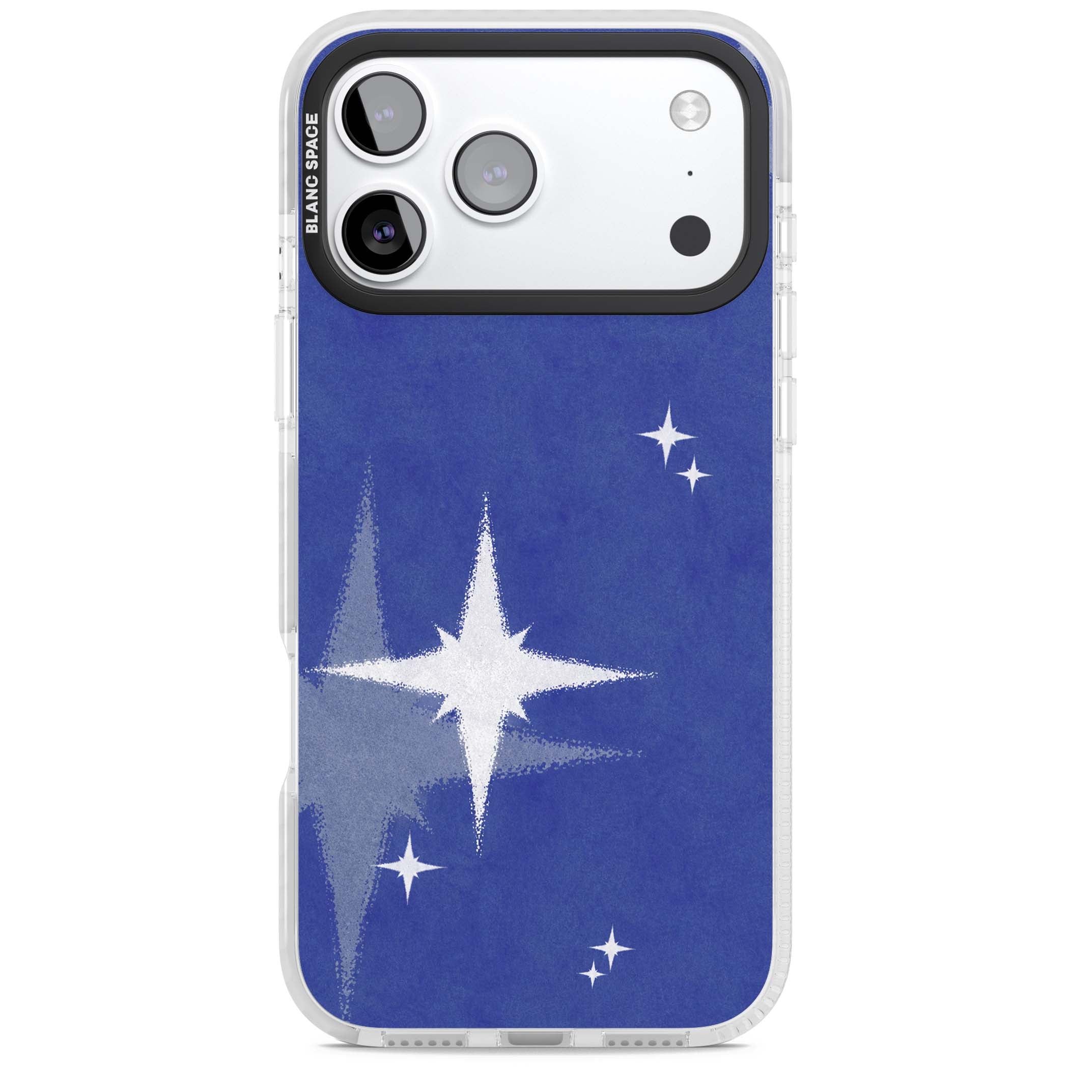 Blue Sparkle celestial iPhone case featuring sparkling silver stars on a deep blue painterly night sky | Black Impact case for iPhone 17 Pro, iPhone 17 Pro Max