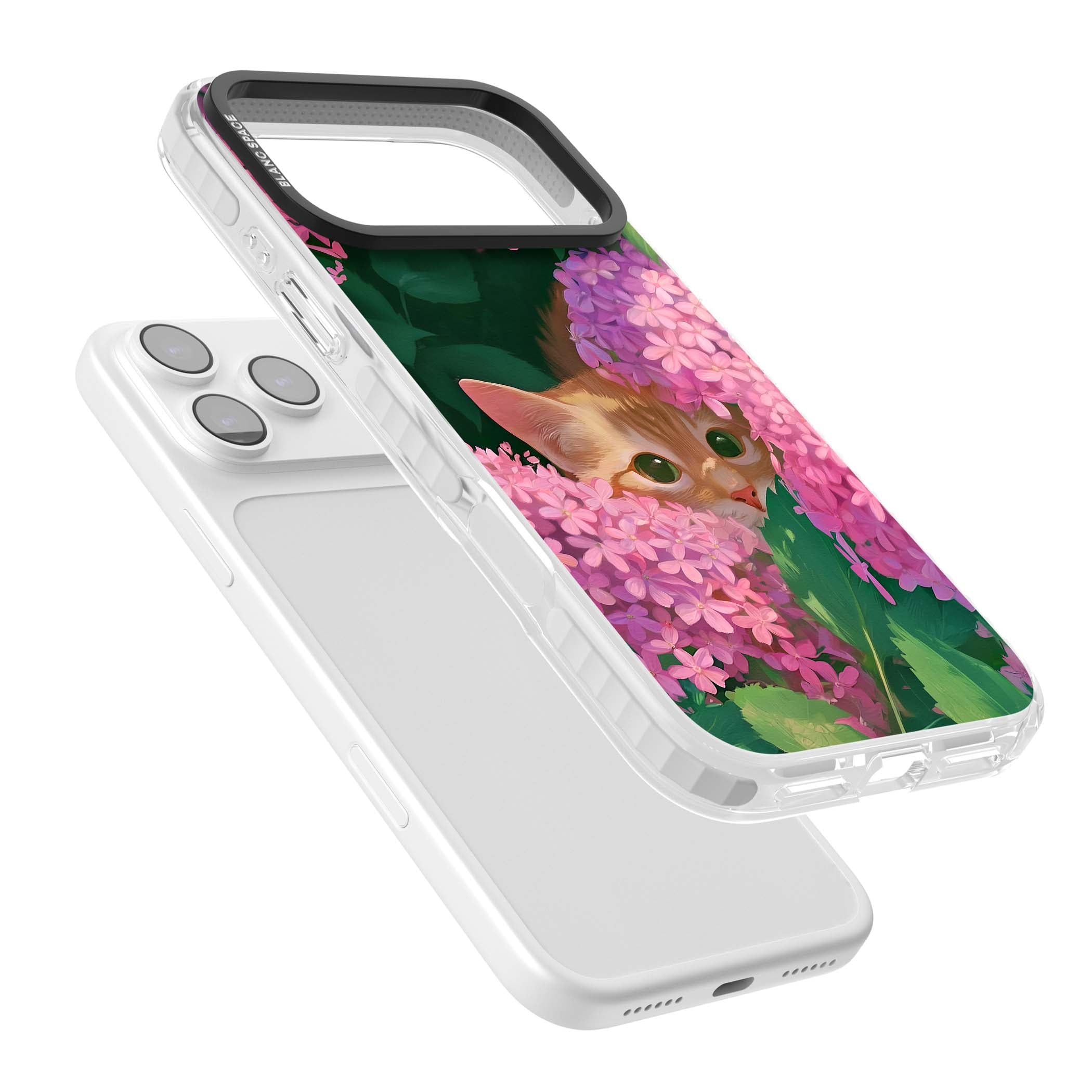 Cat In Pink Flowers cottagecore iPhone case featuring a ginger kitten peeking through lilac and pink hydrangea flo | Black Impact case for iPhone 17 Pro, iPhone 17 Pro Max