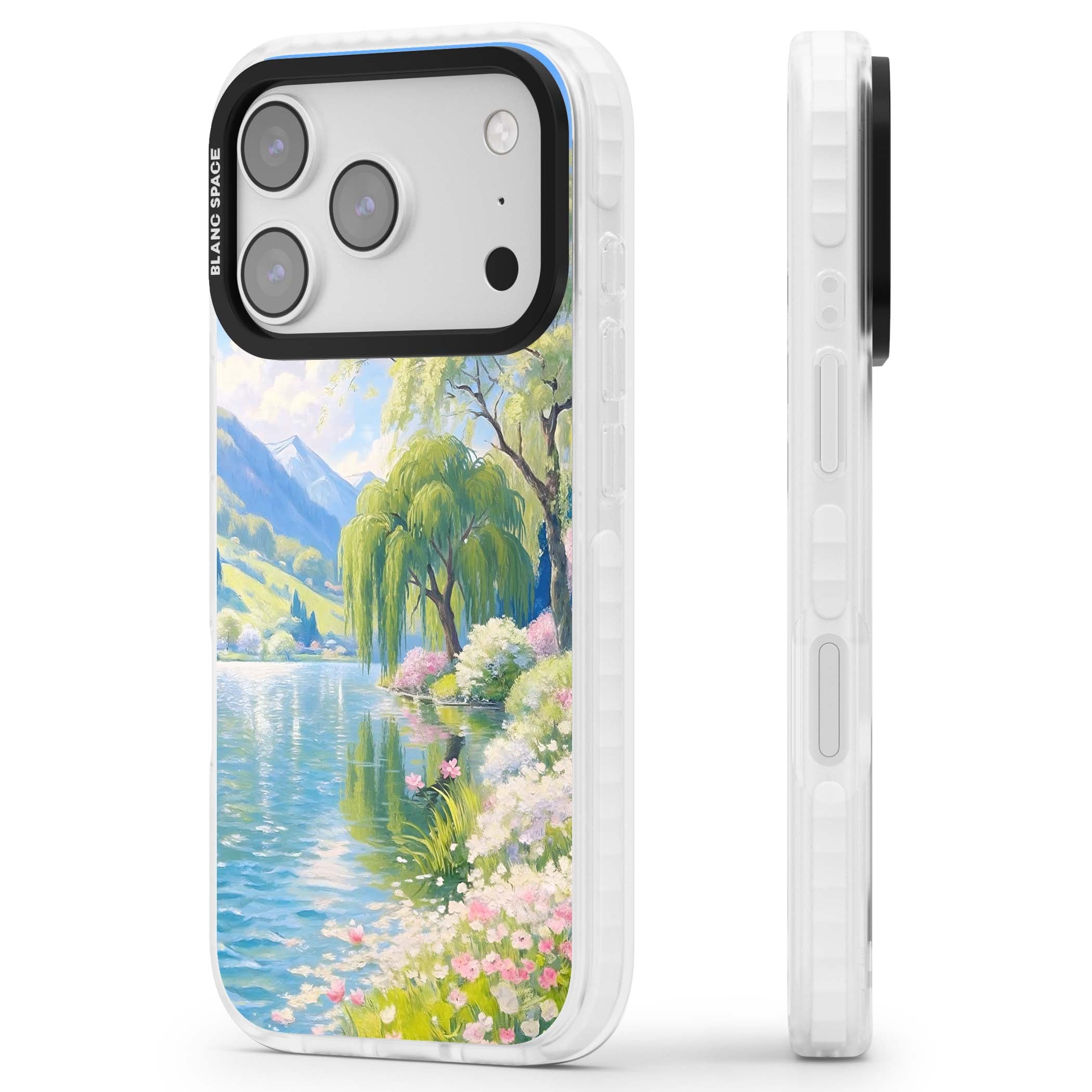 Willow Lake cottagecore iPhone case featuring a painted lakeside with weeping willow, blossoms and distant mountains | Black Impact case for iPhone 17 Pro, iPhone 17 Pro Max
