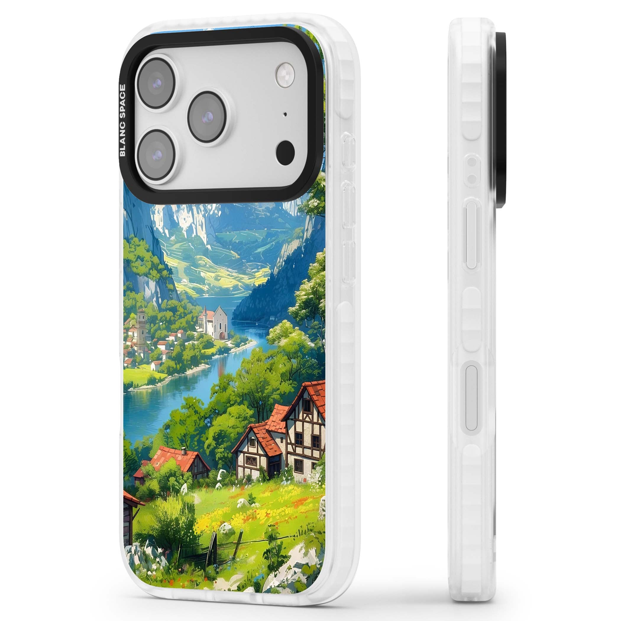 Village In The Valley anime iPhone case featuring a painted mountain village, river valley and half-timbered cottages. | Black Impact case for iPhone 17 Pro, iPhone 17 Pro Max