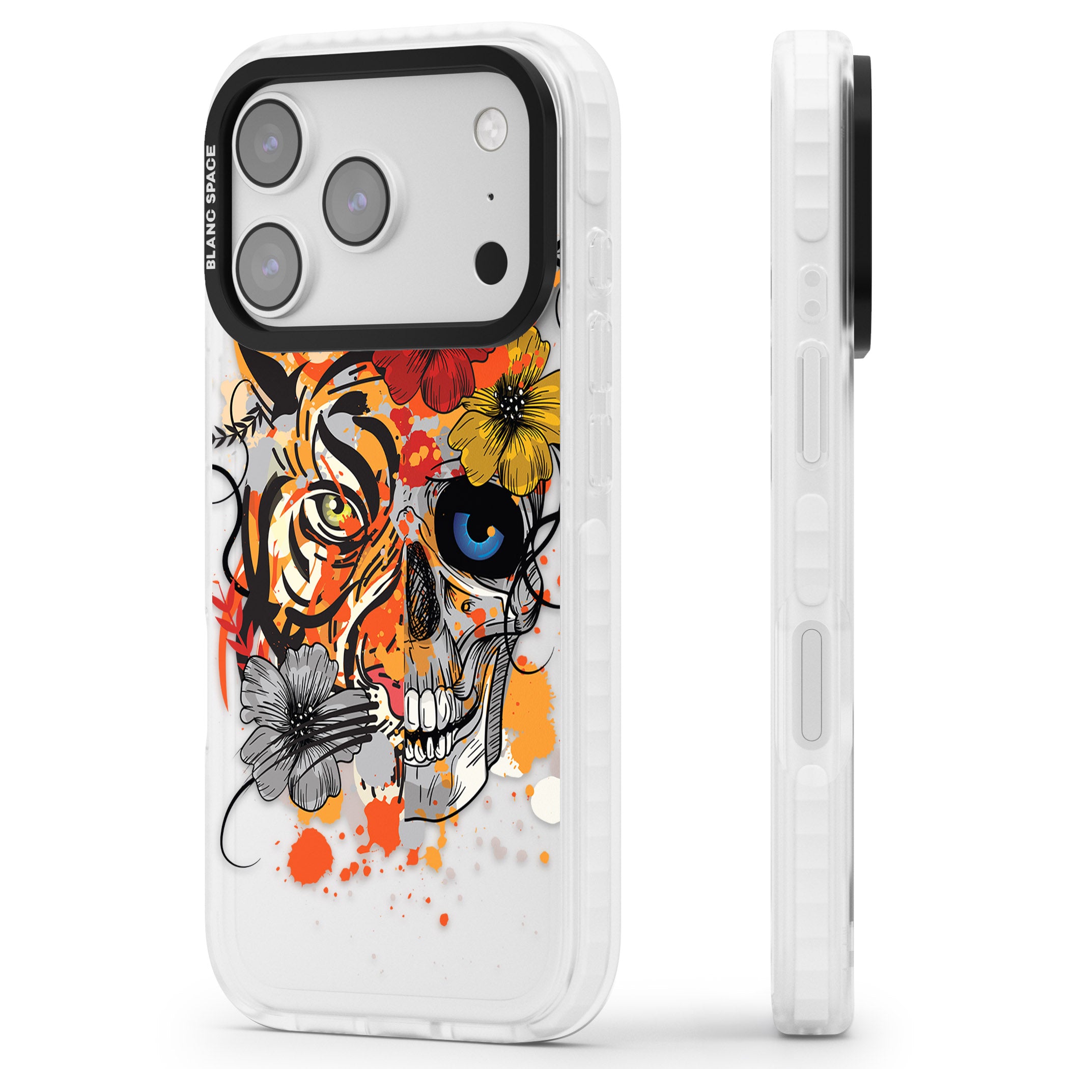 Sugar Skull Tiger Floral iPhone 17 Pro Impact Clear Phone Case Side Profile