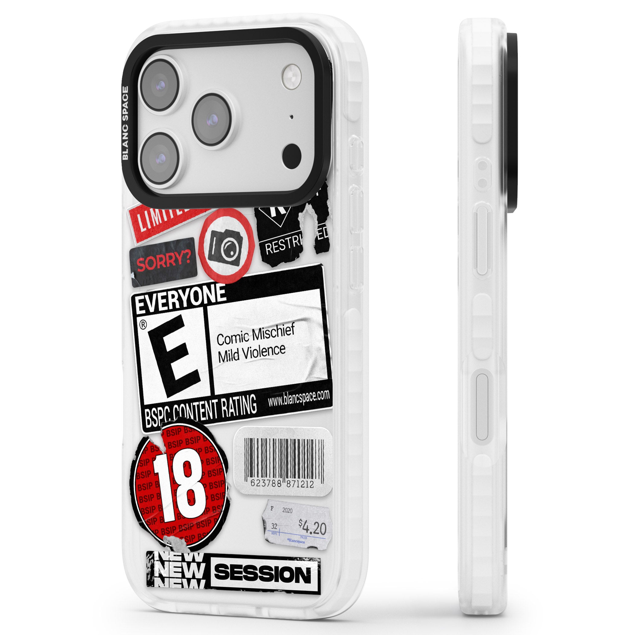 Rated 18+ Sticker Mix iPhone 17 Pro Impact Clear Phone Case Side Profile