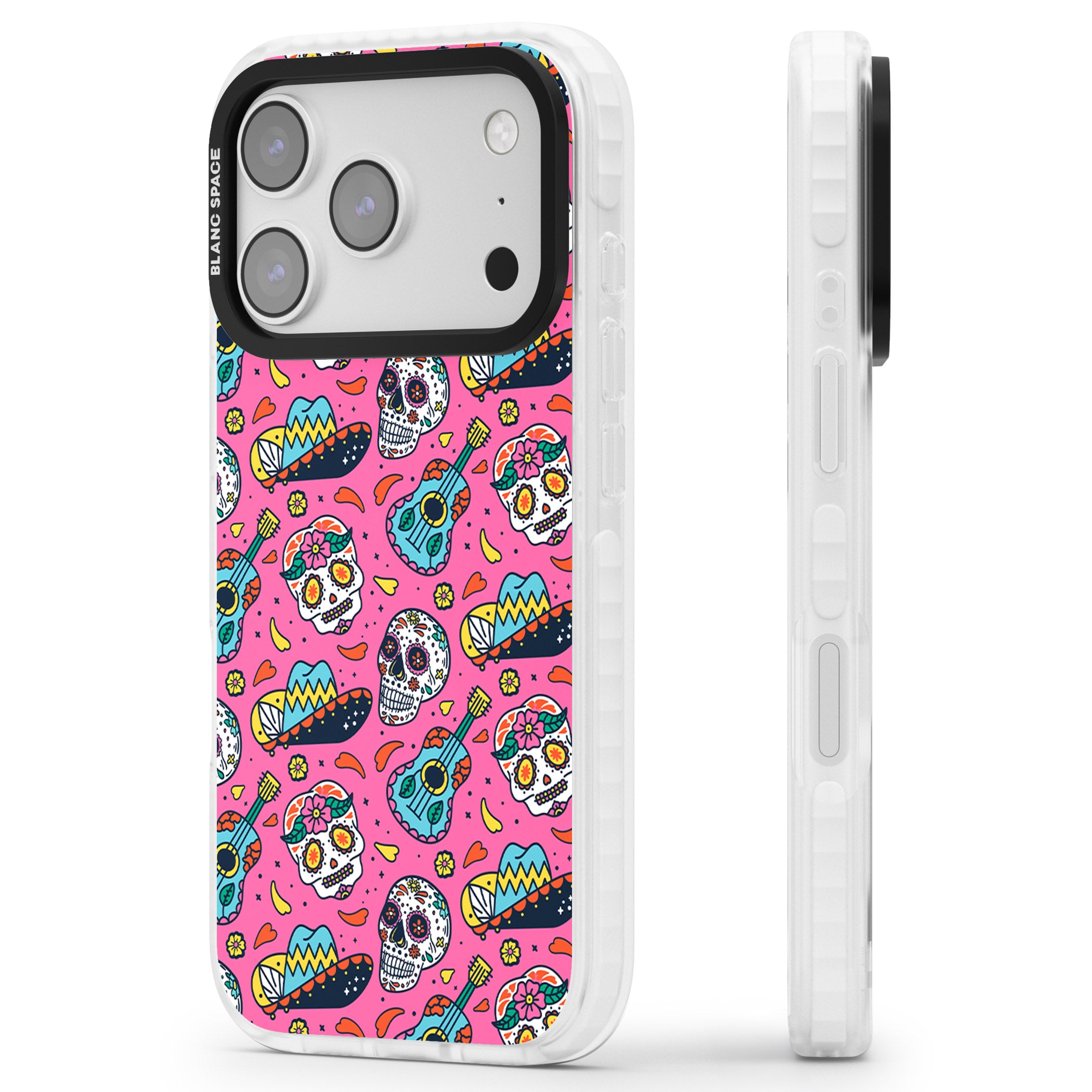 Pink Day Of The Dead Pattern iPhone 17 Pro Impact Clear Phone Case Side Profile
