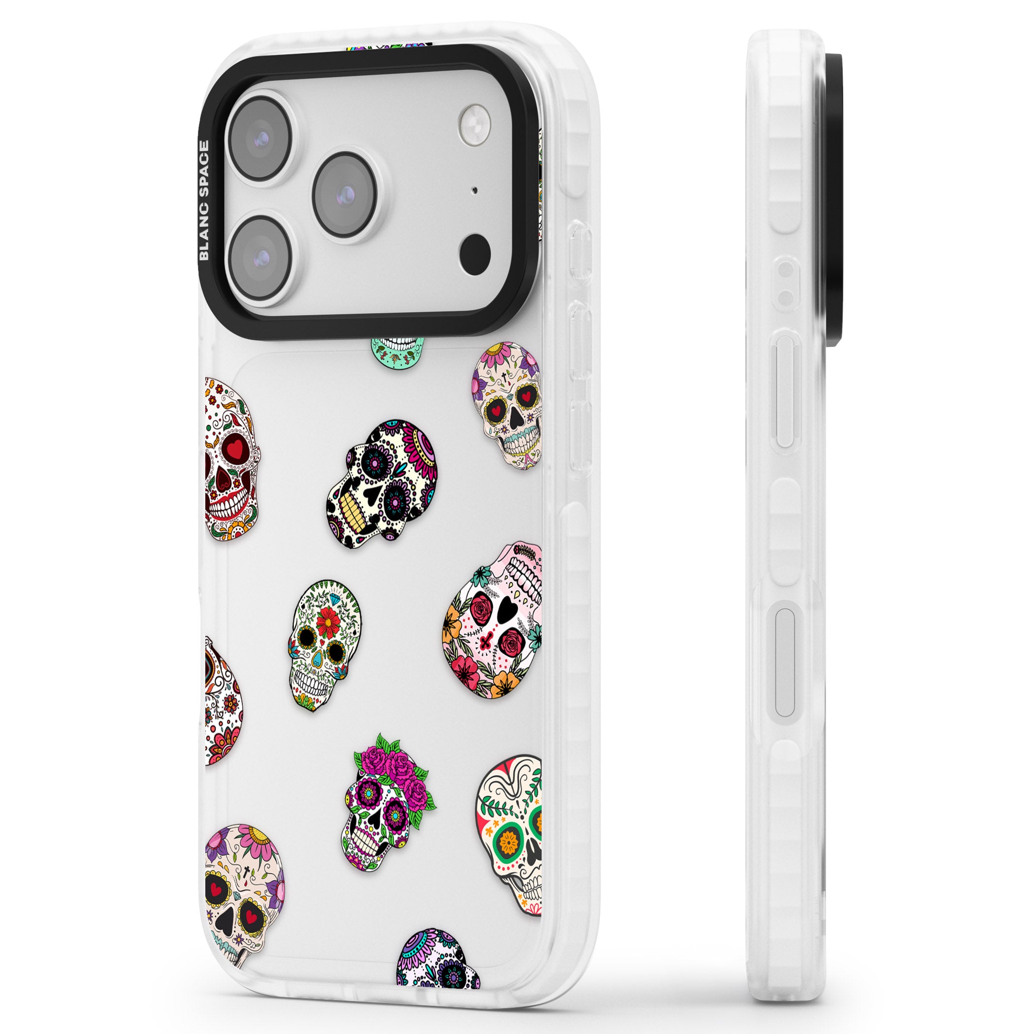 Mixed Sugar Skull Pattern iPhone 17 Pro Impact Clear Phone Case Side Profile