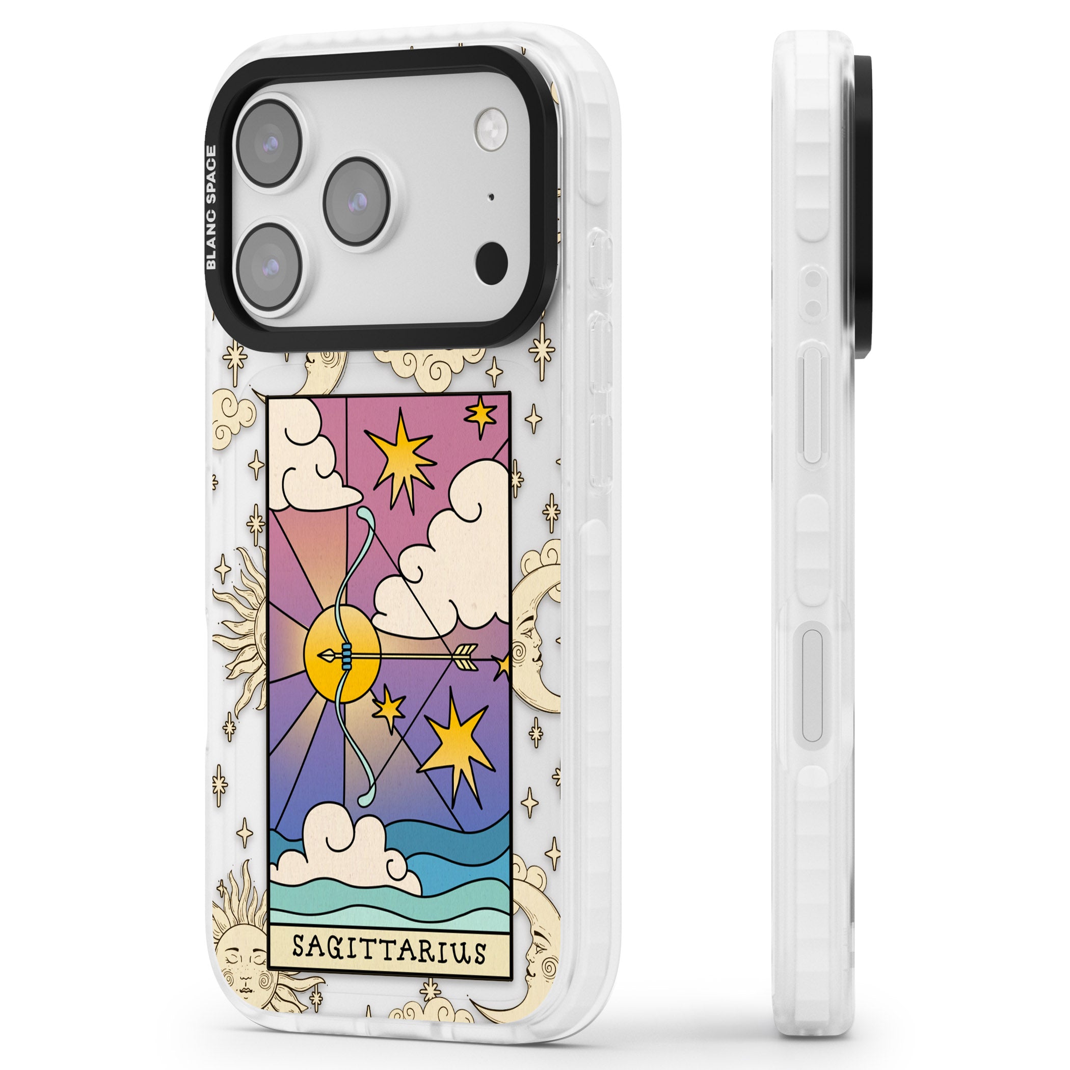 Celestial Zodiac Sagittarius iPhone 17 Pro Impact Clear Phone Case Side Profile