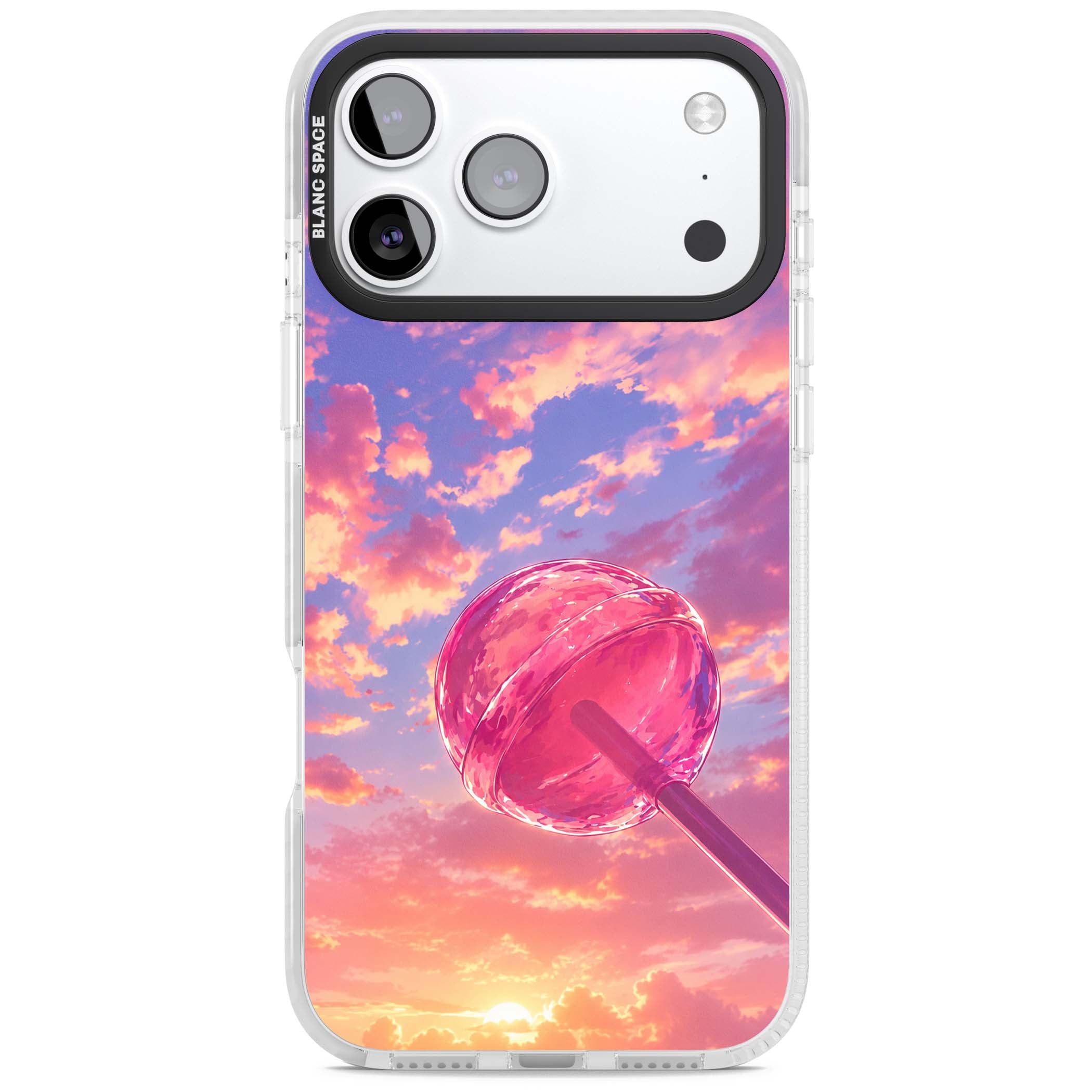 Sugar Sunset candy aesthetic iPhone case featuring a pink lollipop, pastel sunset sky and dreamy clouds | Black Impact case for iPhone 17 Pro, iPhone 17 Pro Max