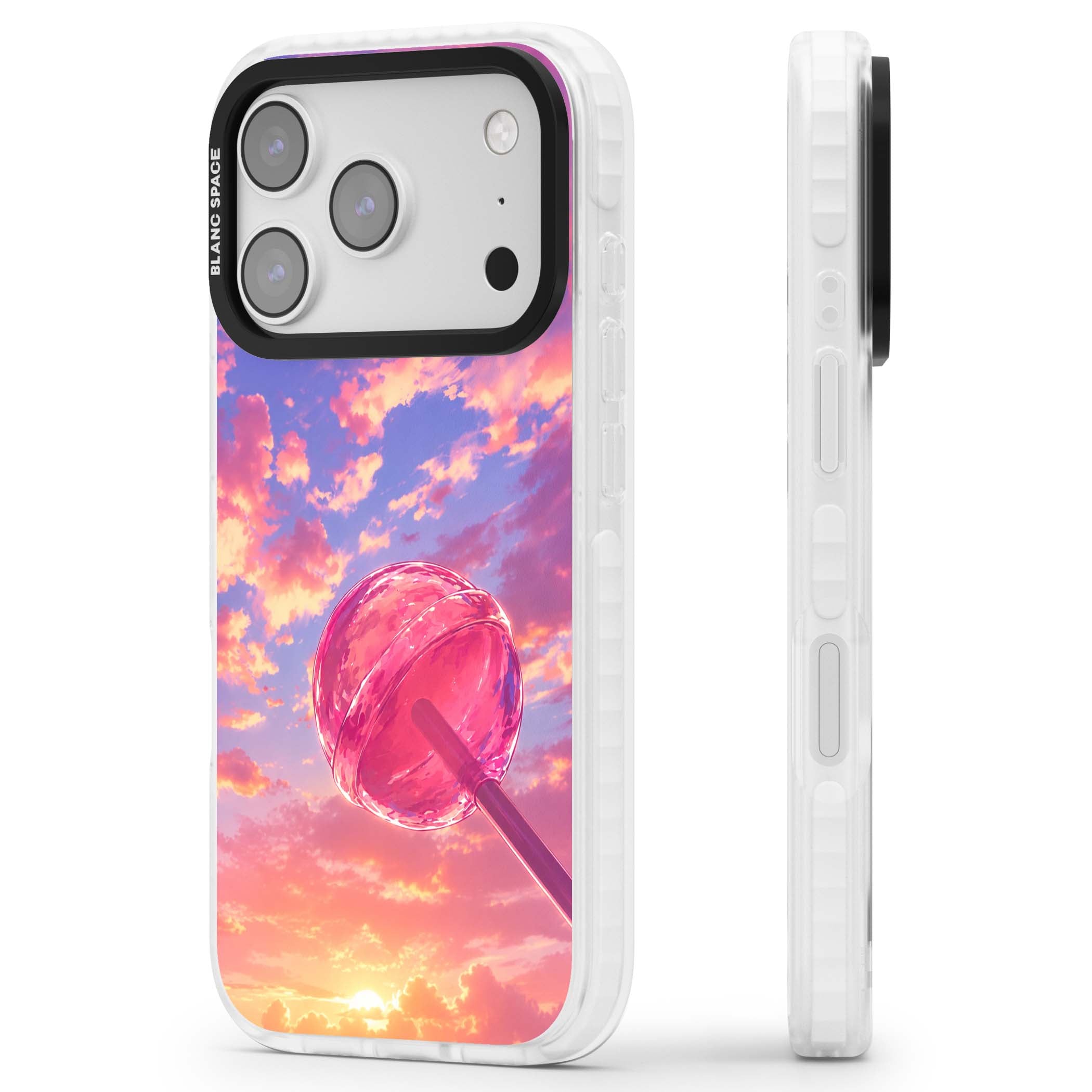 Sugar Sunset candy aesthetic iPhone case featuring a pink lollipop, pastel sunset sky and dreamy clouds | Black Impact case for iPhone 17 Pro, iPhone 17 Pro Max