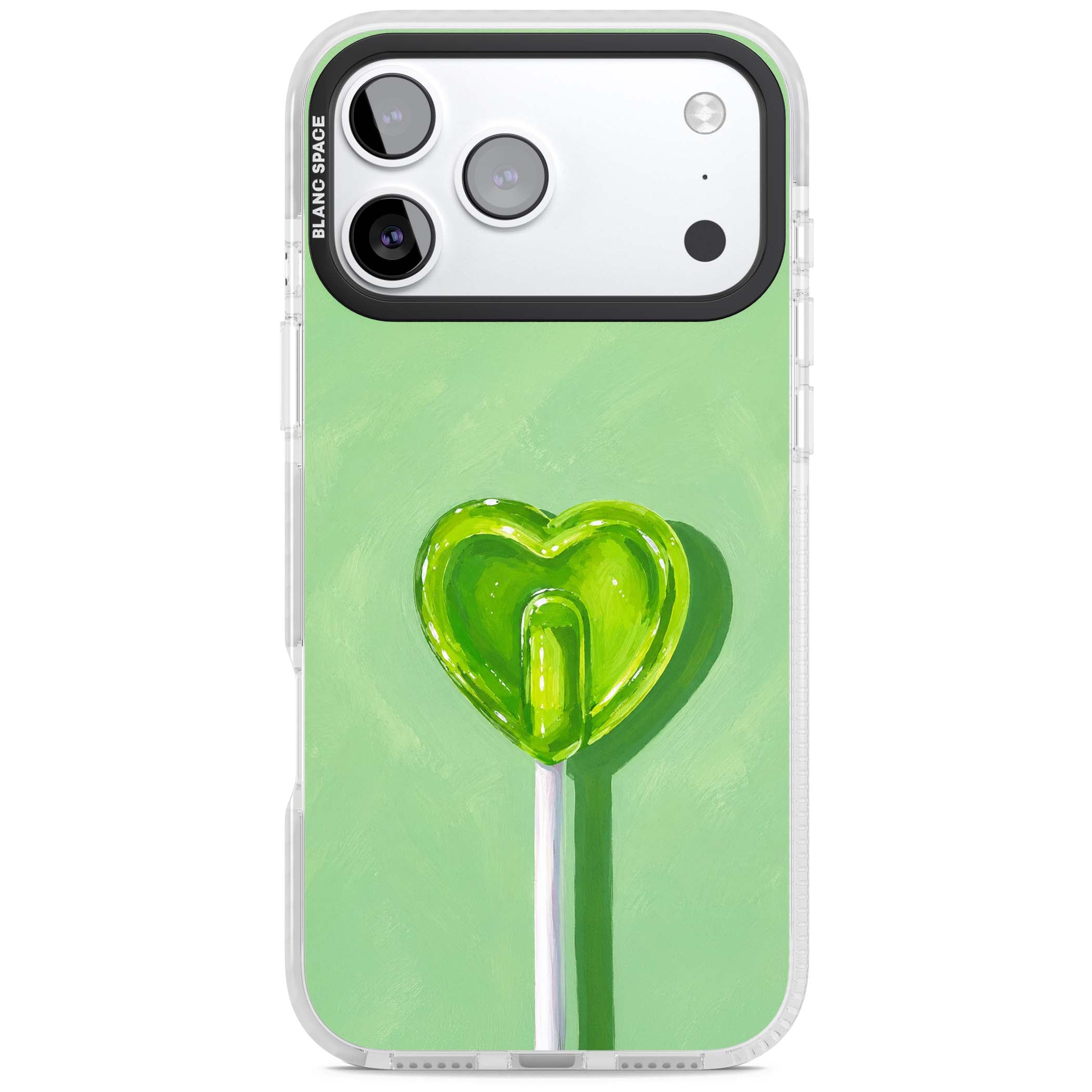 Green Lollipop candy art iPhone case featuring a glossy green heart-shaped lollipop on a painted pastel green background | Black Impact case for iPhone 17 Pro, iPhone 17 Pro Max