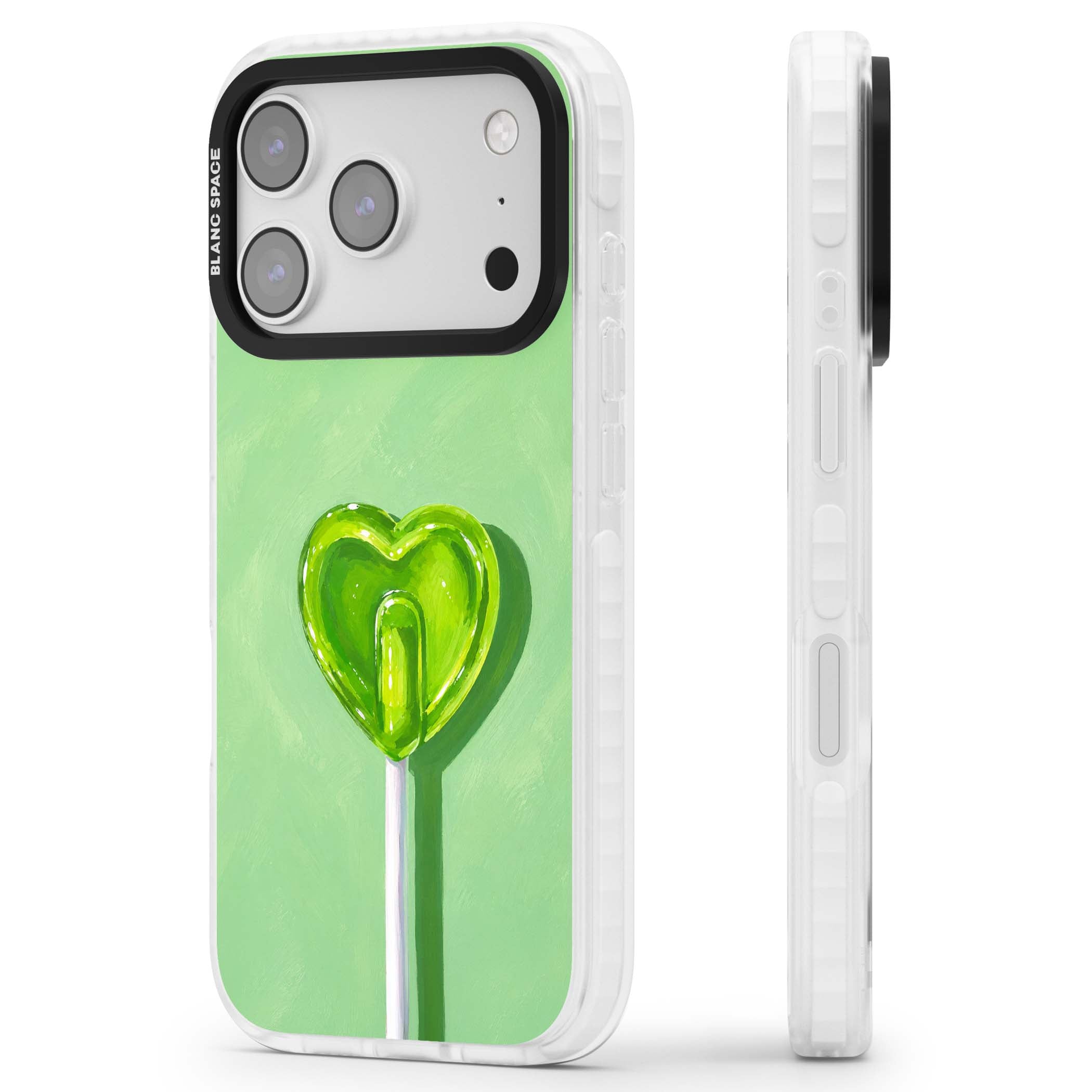 Green Lollipop candy art iPhone case featuring a glossy green heart-shaped lollipop on a painted pastel green background | Black Impact case for iPhone 17 Pro, iPhone 17 Pro Max