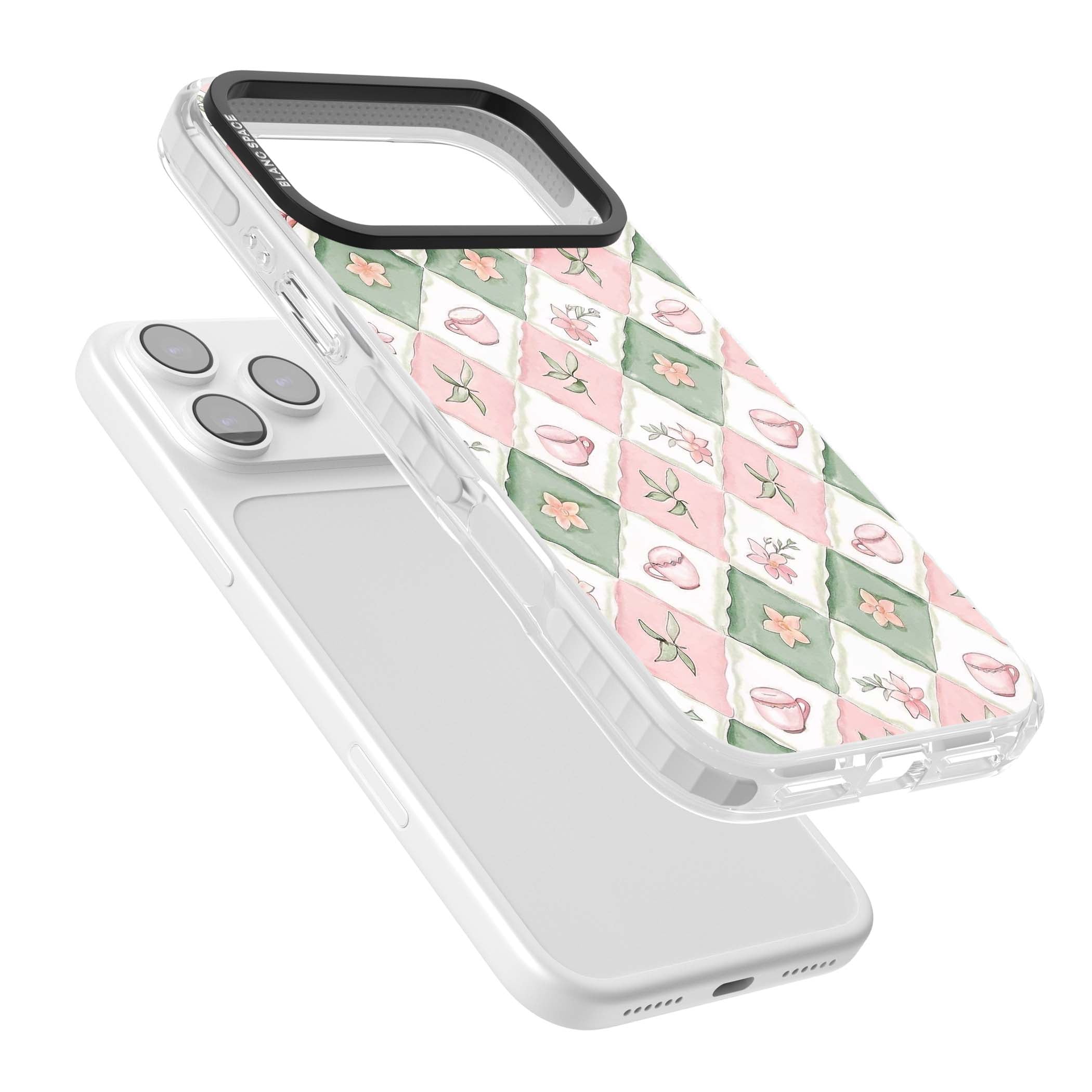 Garden Tea Party coquette iPhone case with pink and green checkered pattern, watercolour teacups and wildflowers | Black Impact case for iPhone 17 Pro, iPhone 17 Pro Max