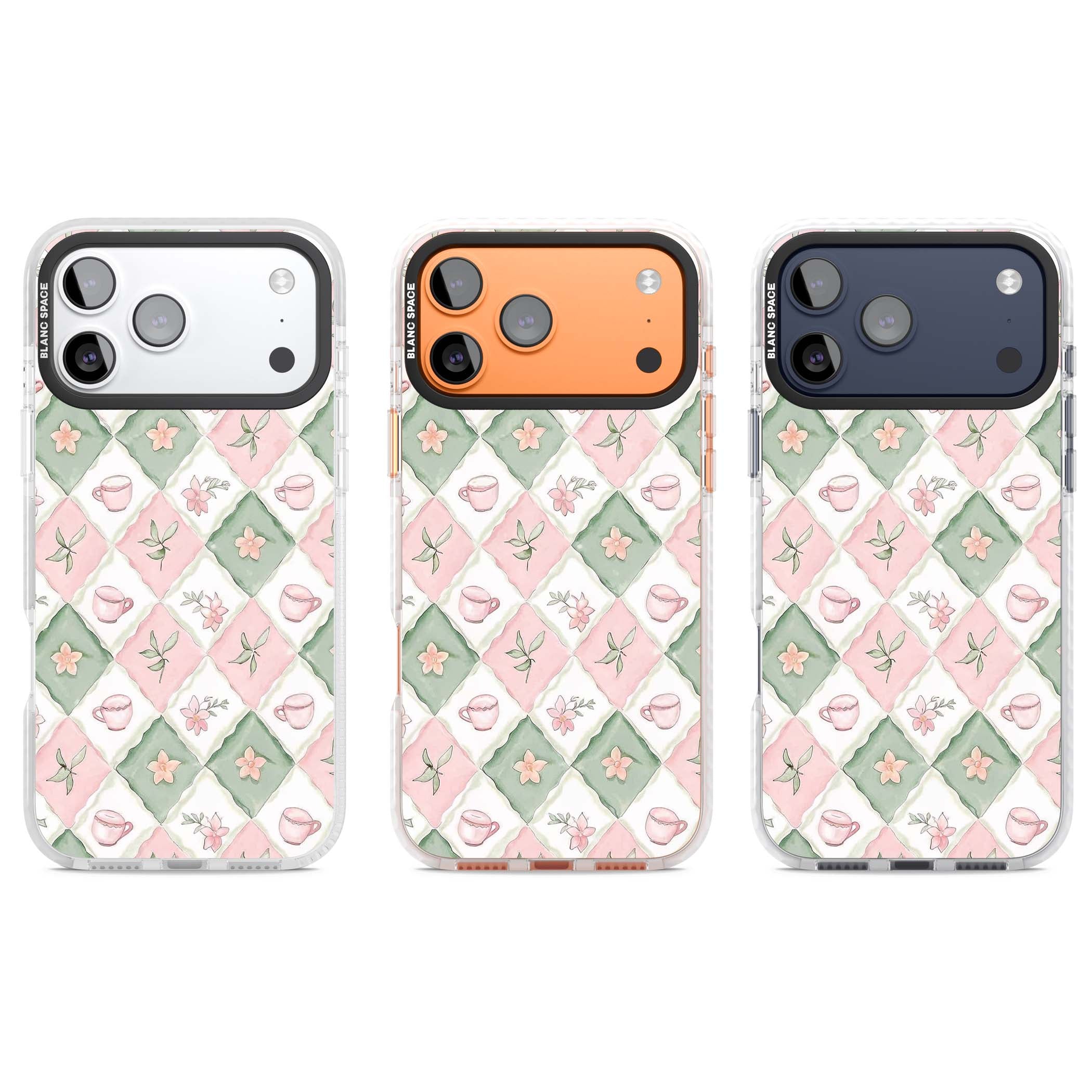 Garden Tea Party coquette iPhone case with pink and green checkered pattern, watercolour teacups and wildflowers | Black Impact case for iPhone 17 Pro, iPhone 17 Pro Max