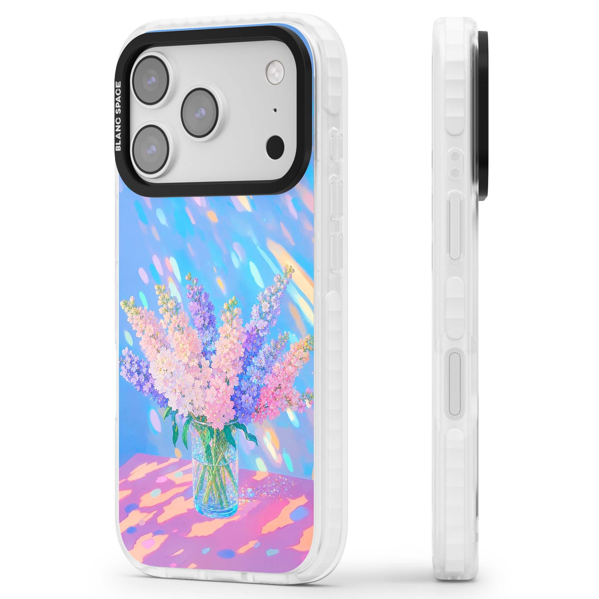 Bubblegum Flowers floral iPhone case featuring pastel lilac and pink bouquet in a glass vase with iridescent light | Black Impact case for iPhone 17 Pro, iPhone 17 Pro Max