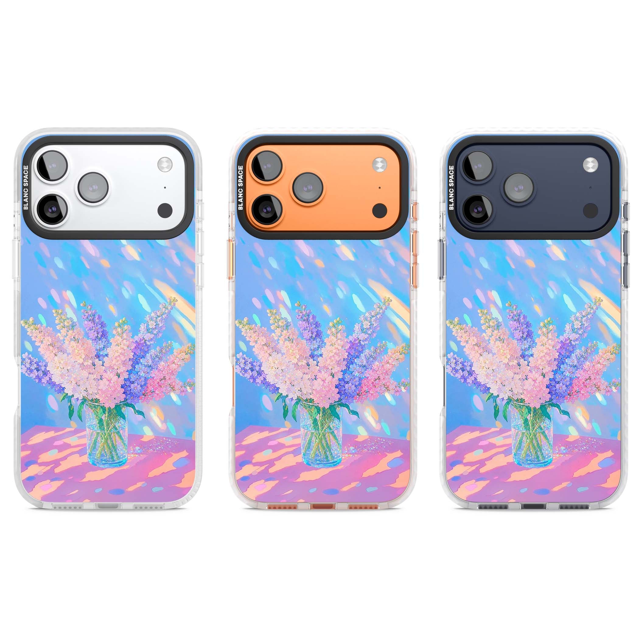 Bubblegum Flowers floral iPhone case featuring pastel lilac and pink bouquet in a glass vase with iridescent light | Black Impact case for iPhone 17 Pro, iPhone 17 Pro Max