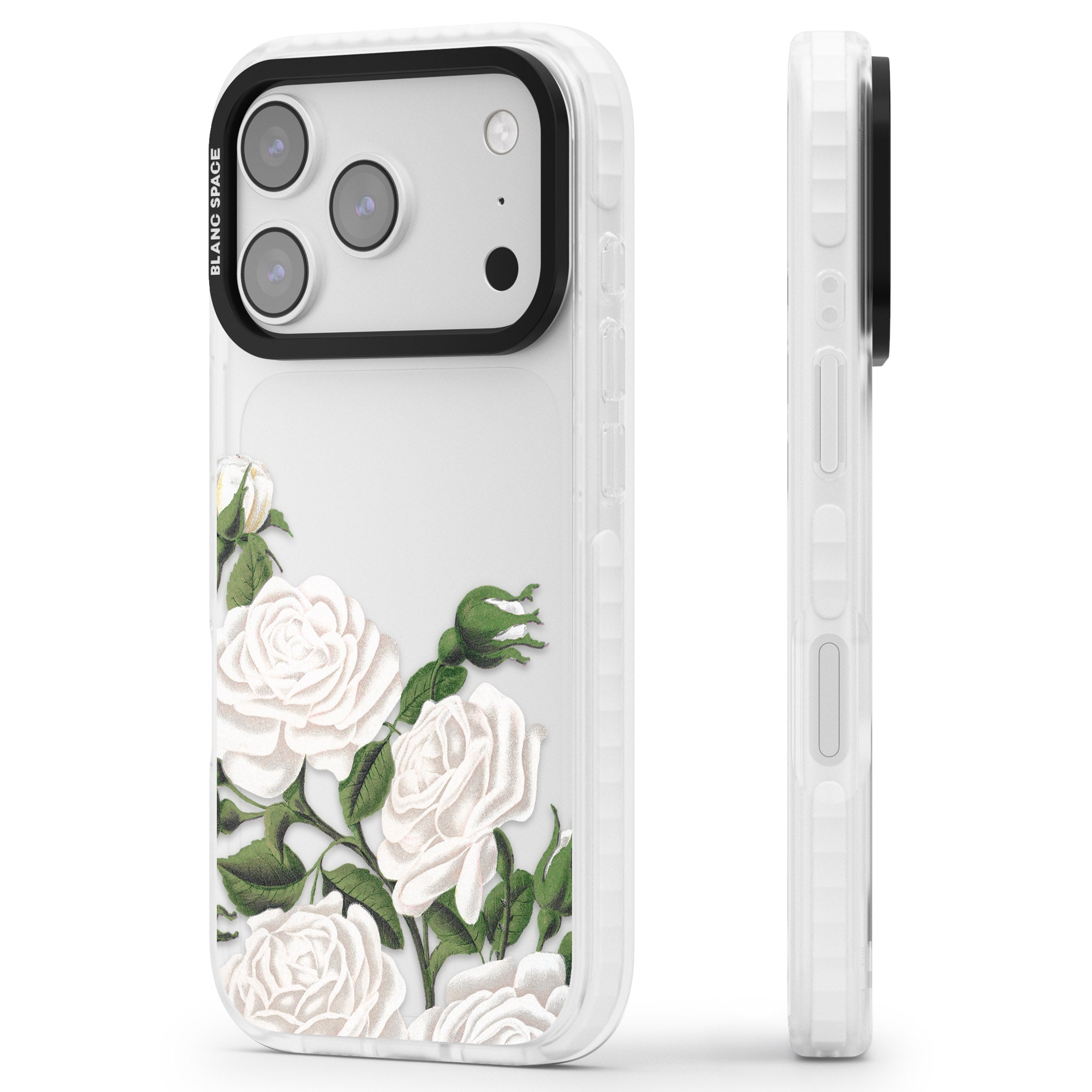 White Vintage Painted Flowers iPhone 17 Pro Impact Clear Phone Case Side Profile