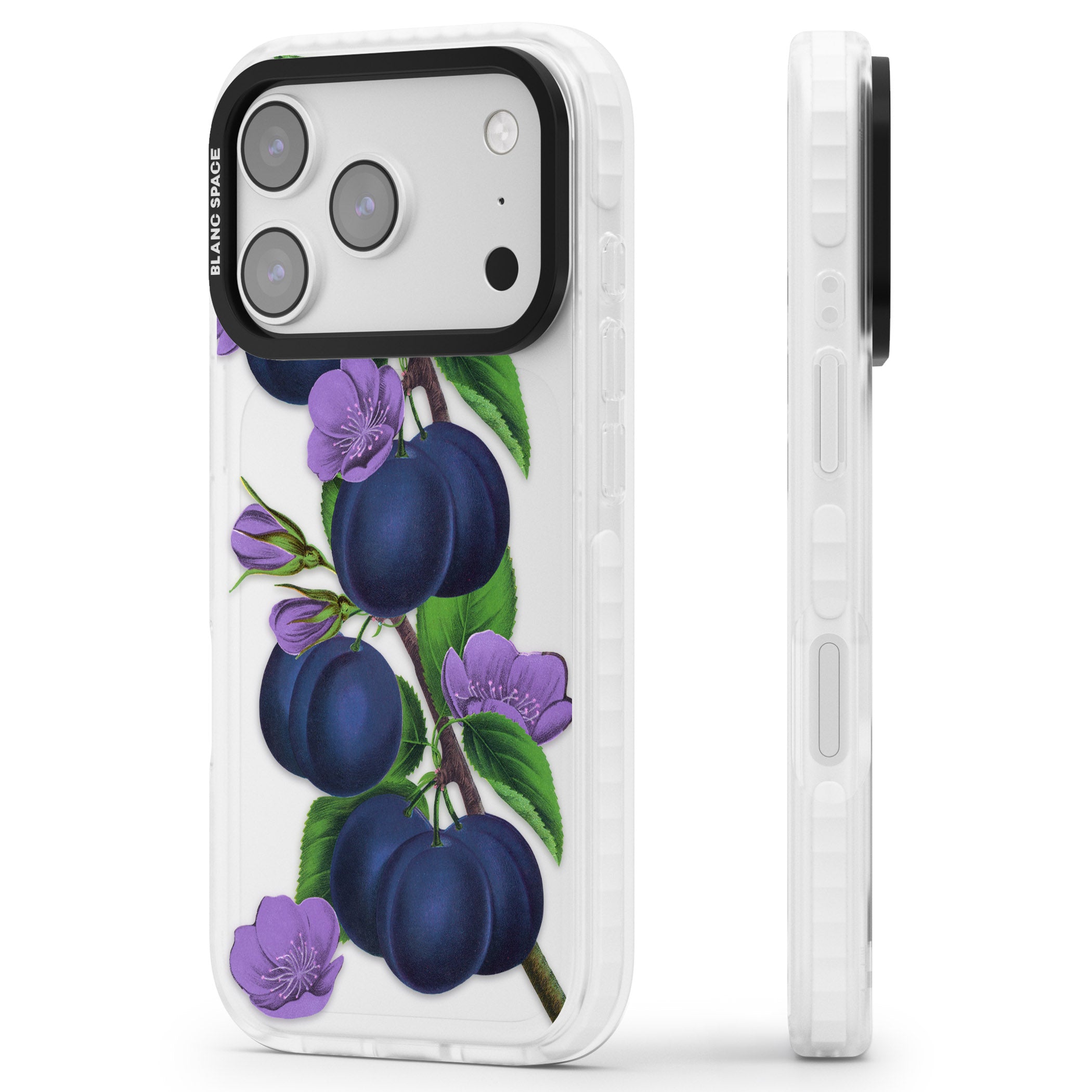 Vintage Painted Plums iPhone 17 Pro Impact Clear Phone Case Side Profile