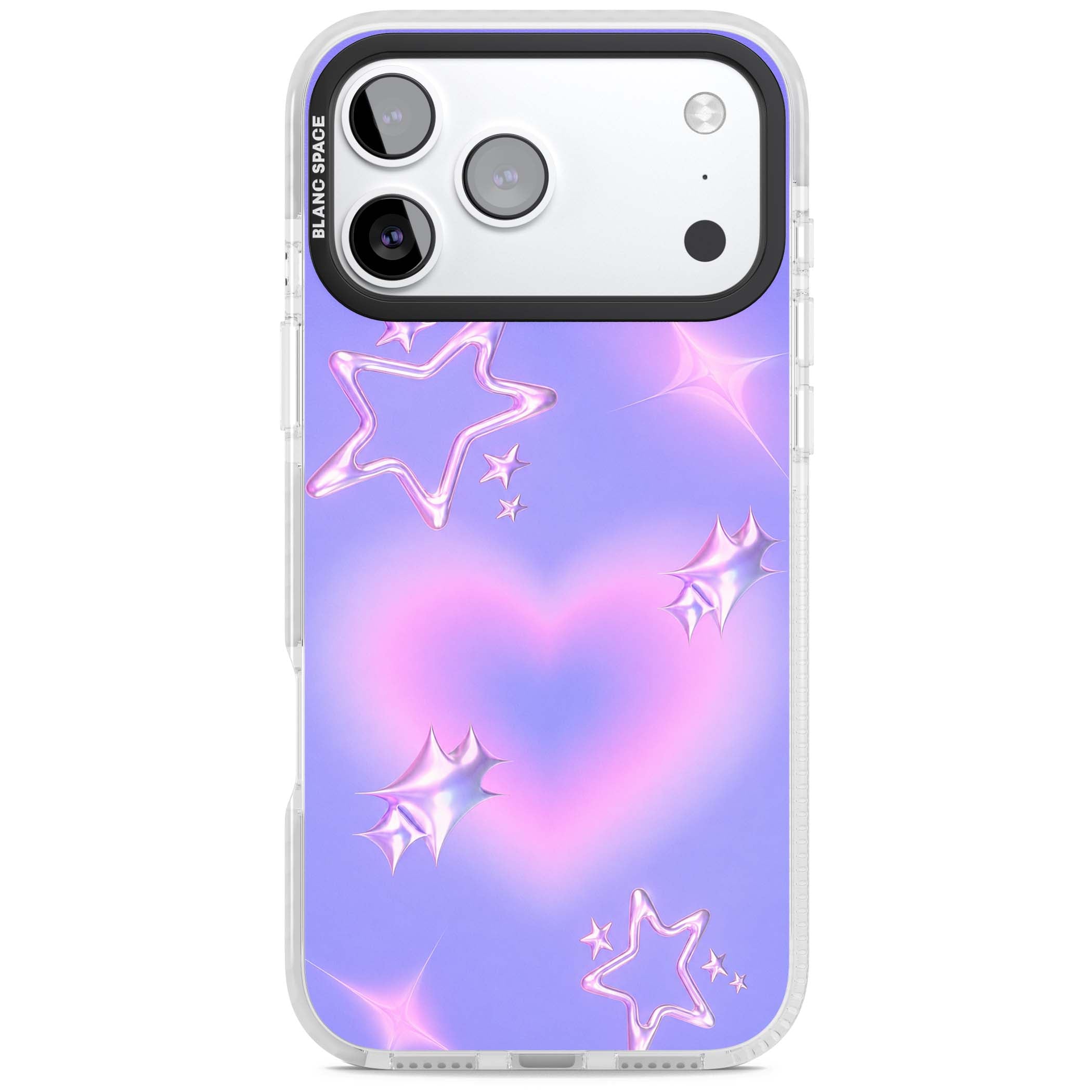Soft Sugar Y2K iPhone case featuring iridescent chrome hearts, metallic pink stars and a lavender gradient sky | Black Impact case for iPhone 17 Pro, iPhone 17 Pro Max
