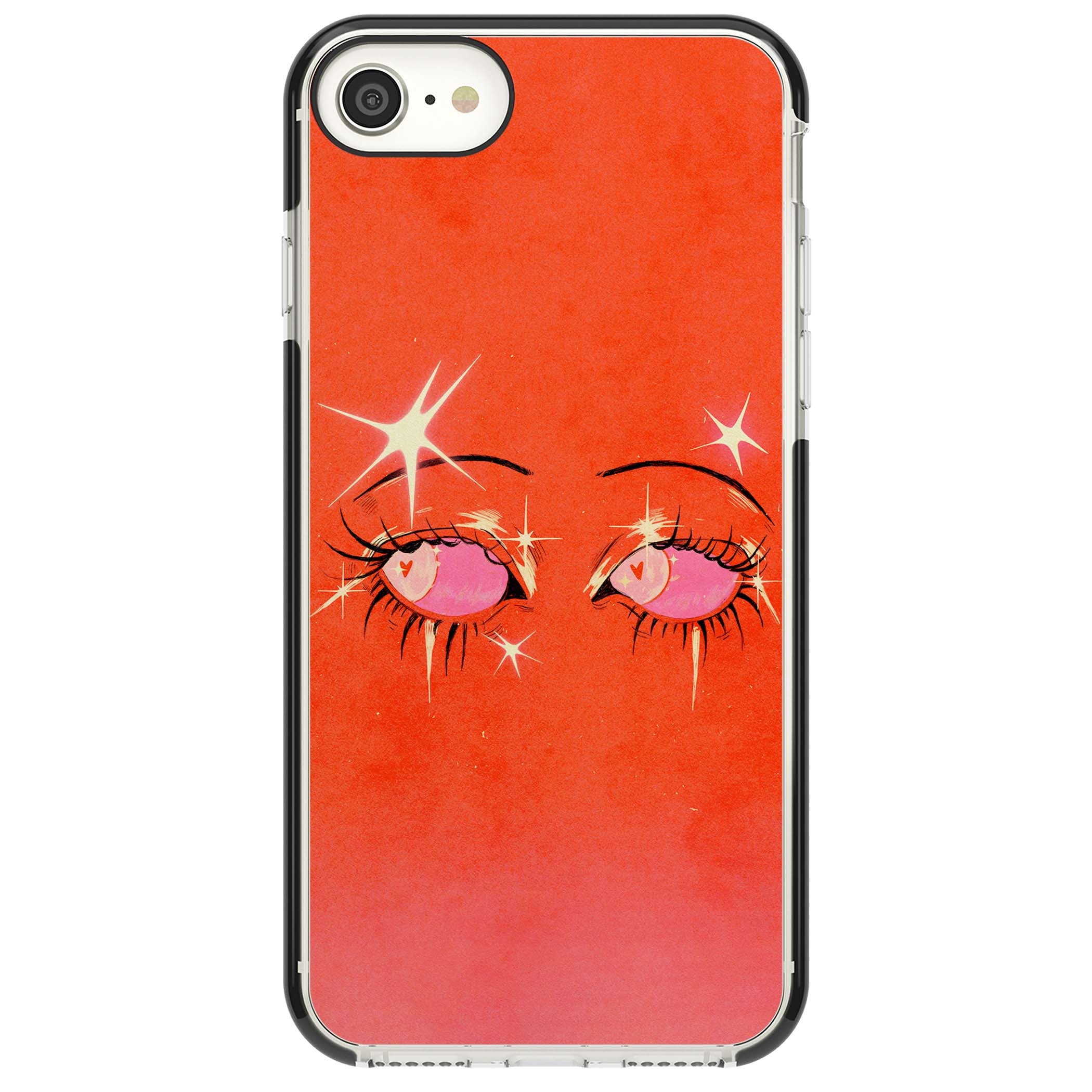 Pink Ethereal Eyes anime iPhone case featuring hand-drawn sparkly eyes with pink hearts and gold stars on red | Black Impact case for iPhone SE