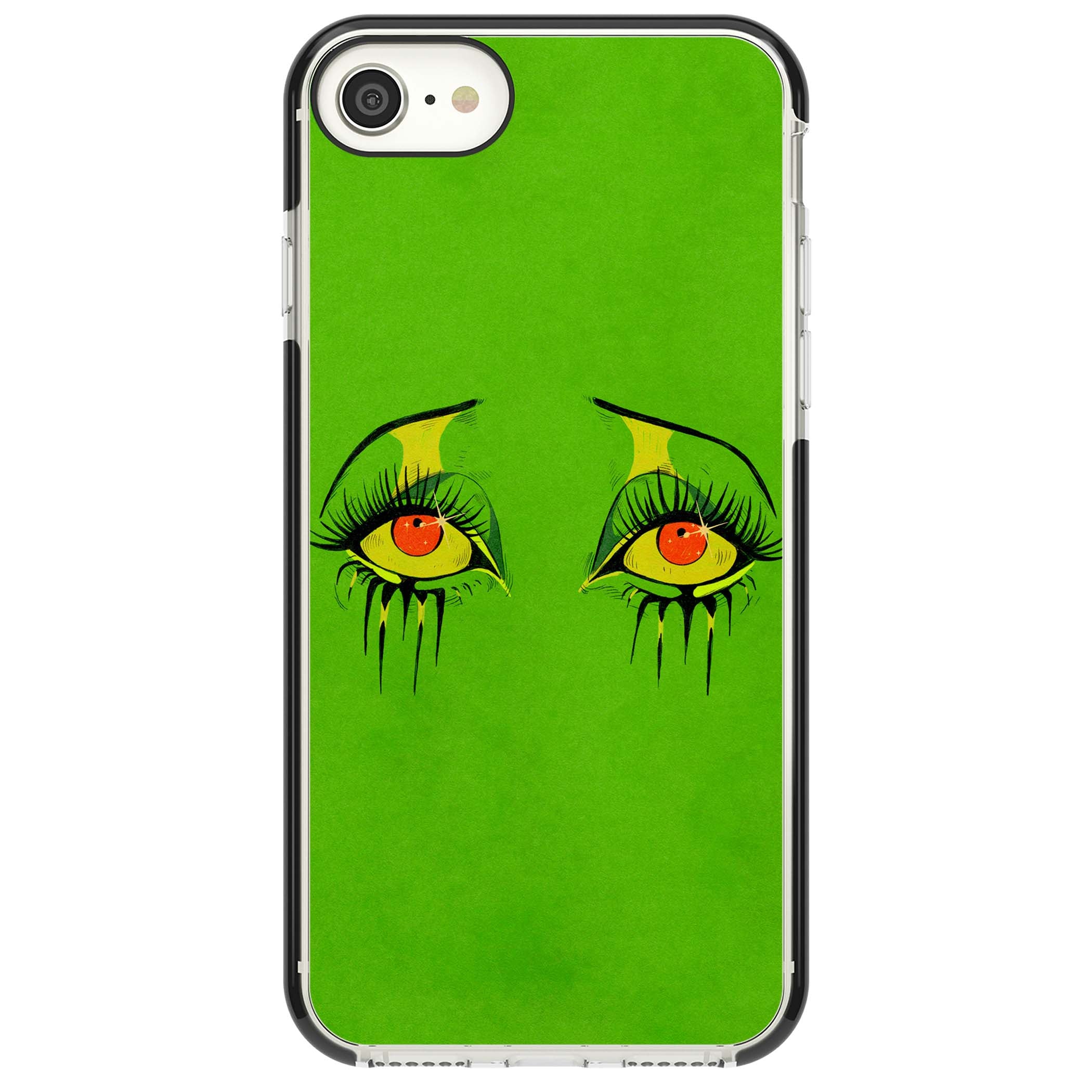 Green Enchanted Eyes psychedelic art iPhone case featuring hand-drawn dripping eyes on neon green background | Black Impact case for iPhone SE