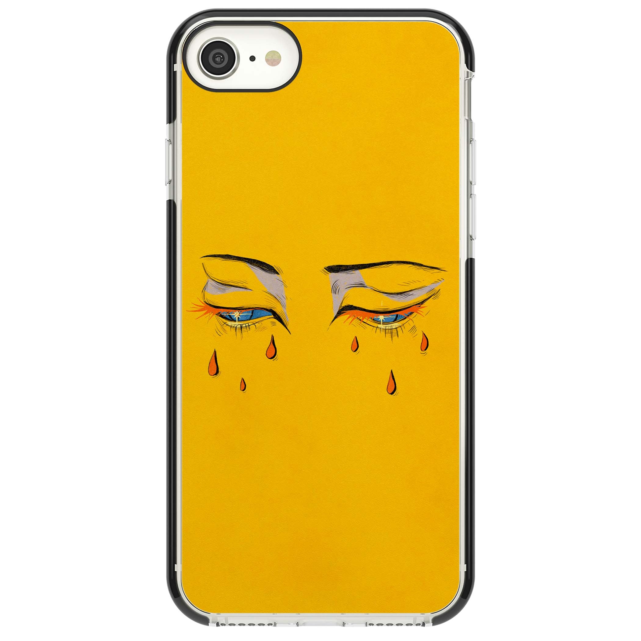 Yellow Tearful Eyes indie iPhone case featuring hand-drawn crying eyes with orange tears on a yellow background | Black Impact case for iPhone SE