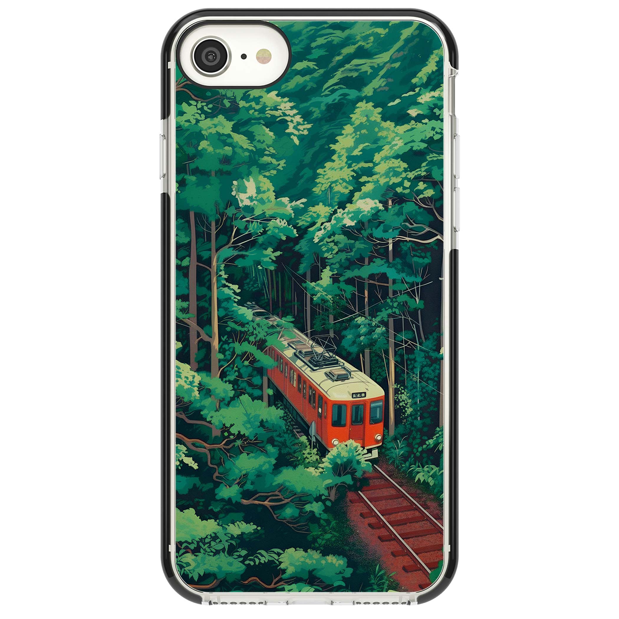 Railway In Toyama Japanese iPhone case featuring a red train, cedar forest and winding mountain railway tracks | Black Impact case for iPhone SE