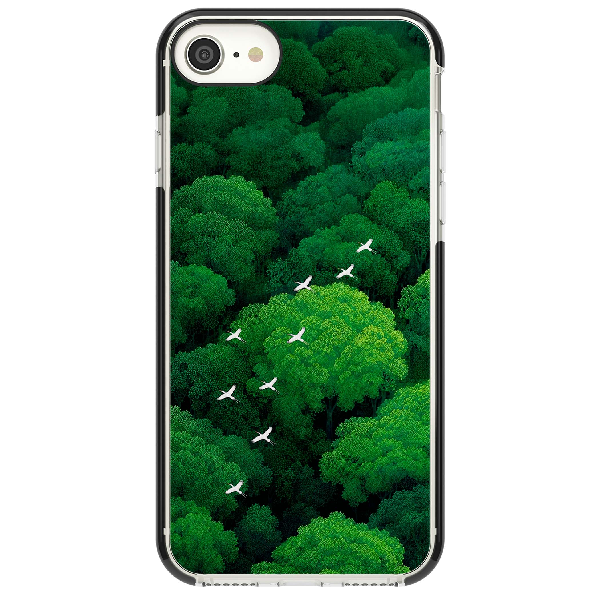 Grove Migration forest iPhone case featuring white cranes flying over lush green treetop canopy | Black Impact case for iPhone SE