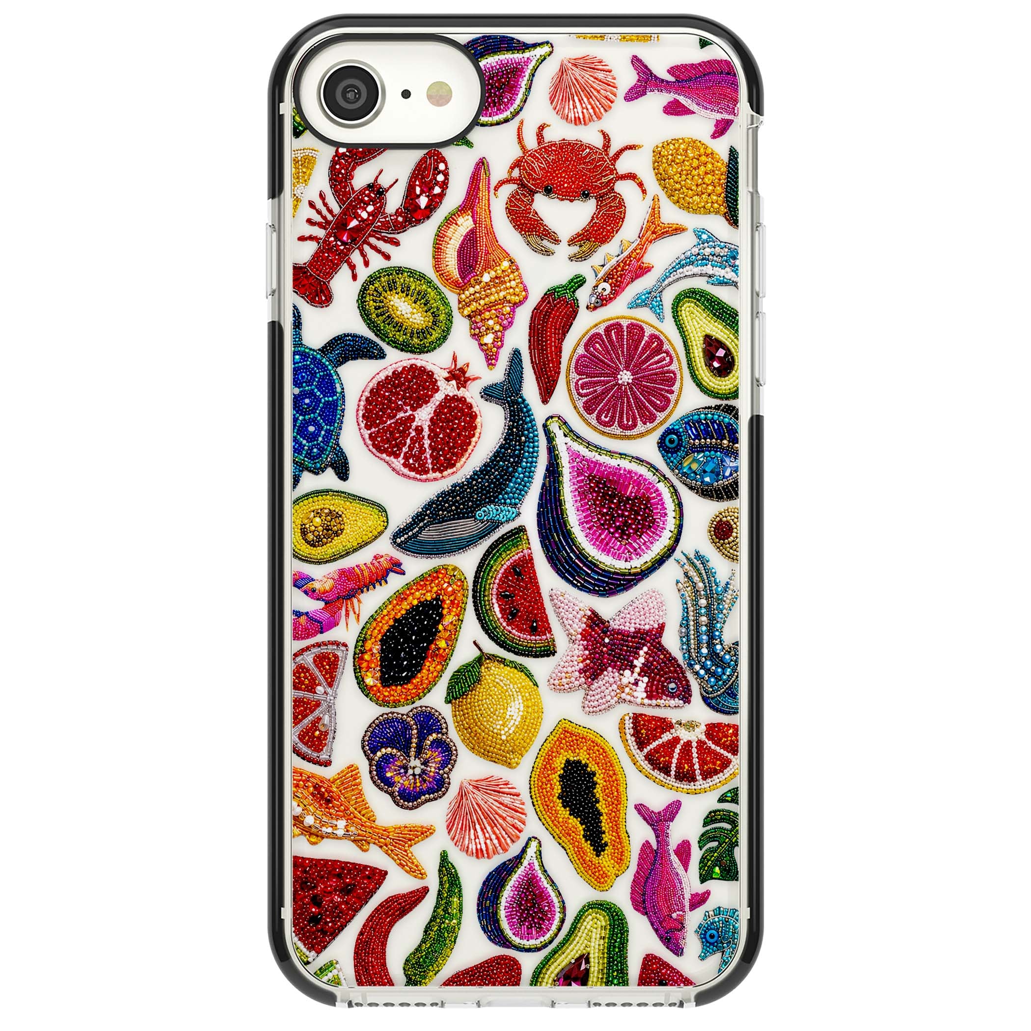 Beaded Tropic tropical iPhone case featuring beaded fruit, fish, crabs and seashells in vibrant colour | Black Impact case for iPhone SE