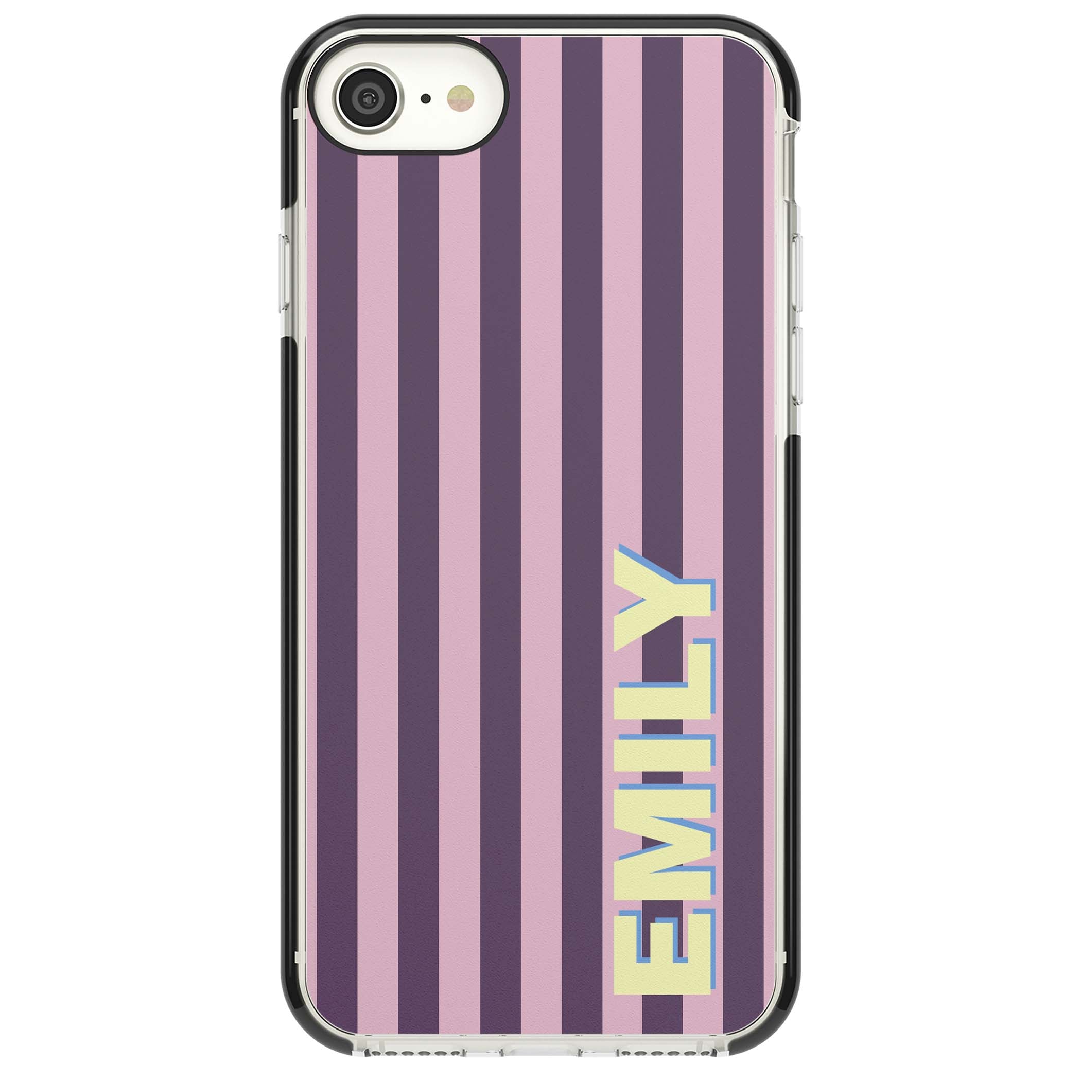 Tyre Stripe personalised stripe iPhone case with plum and pink vertical stripes and custom yellow name | Black Impact case for iPhone SE