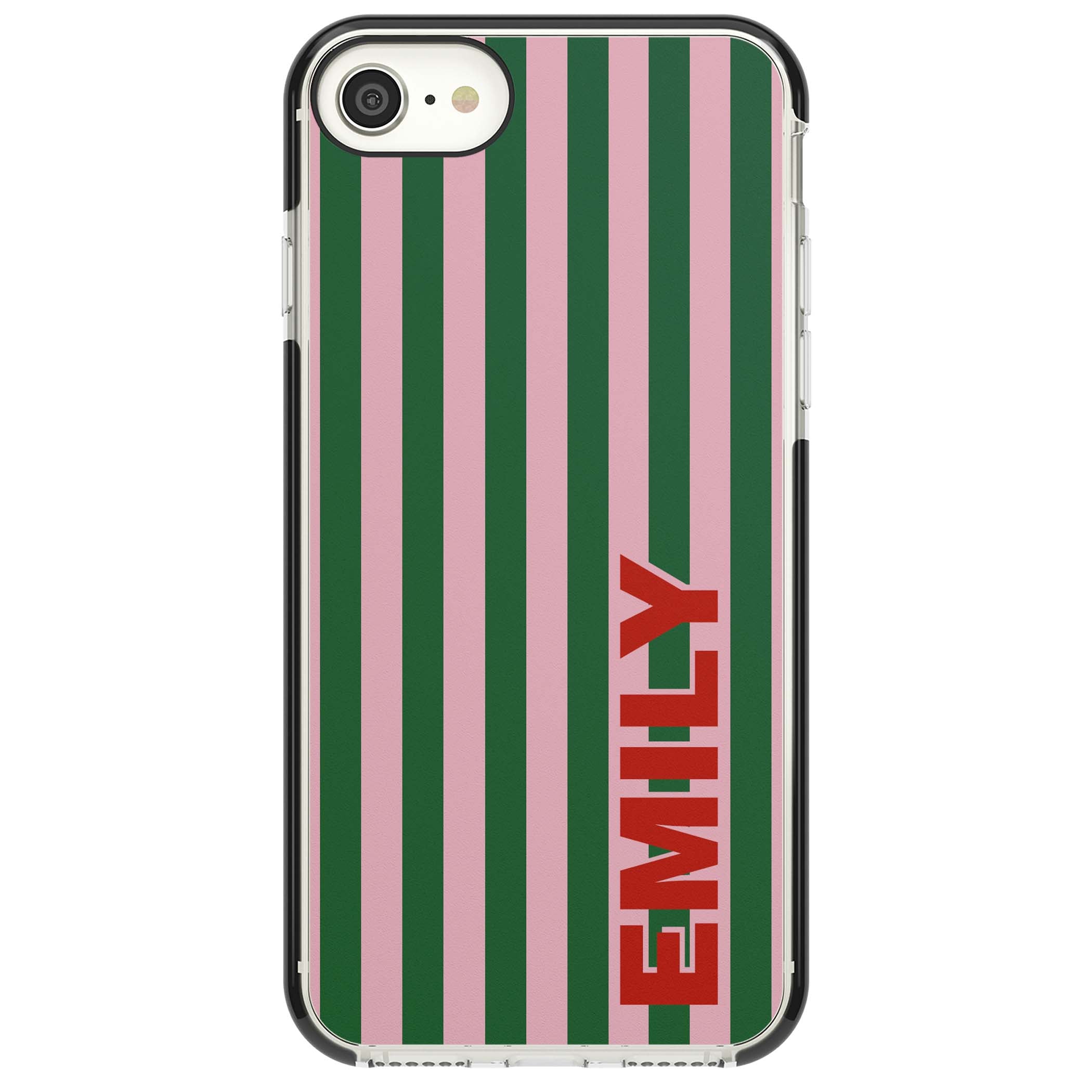 Italian Stripe preppy iPhone case featuring pink and green vertical stripes with personalised red name | Black Impact case for iPhone SE