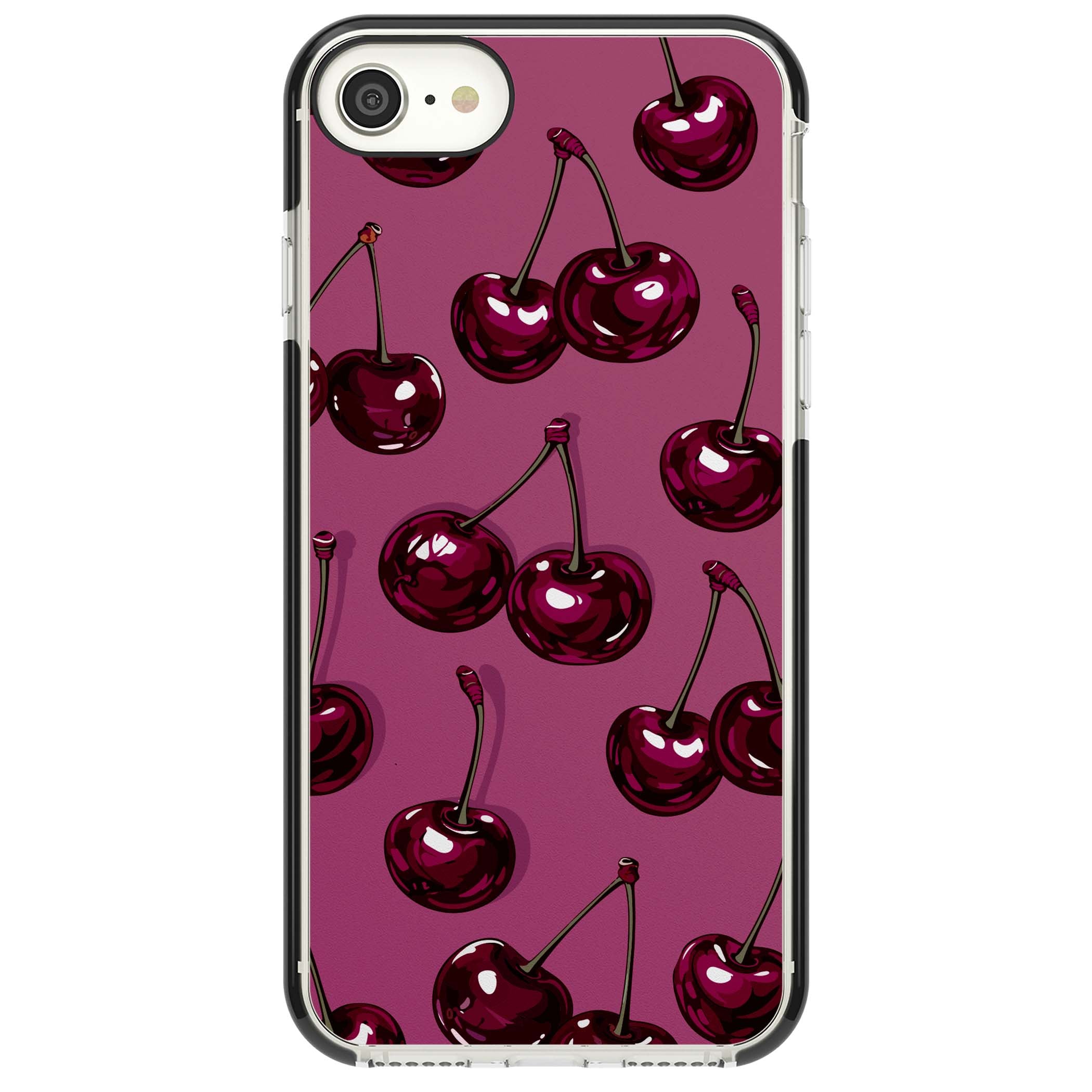 Cherry Soda coquette iPhone case featuring glossy burgundy cherries on a dusty pink background | Black Impact case for iPhone SE