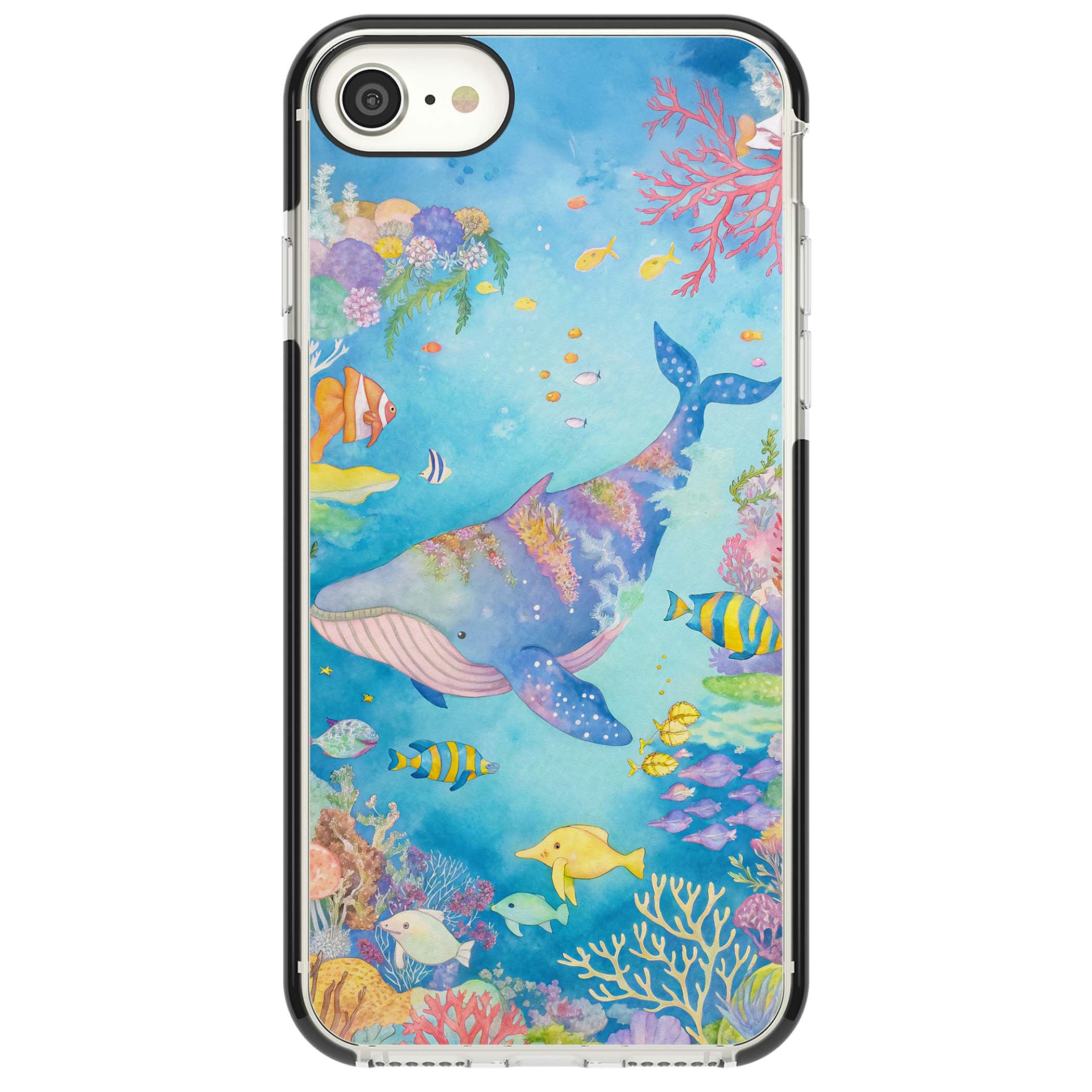 Coral Lagoon ocean iPhone case featuring a watercolour whale, coral reef and tropical fish | Black Impact case for iPhone SE