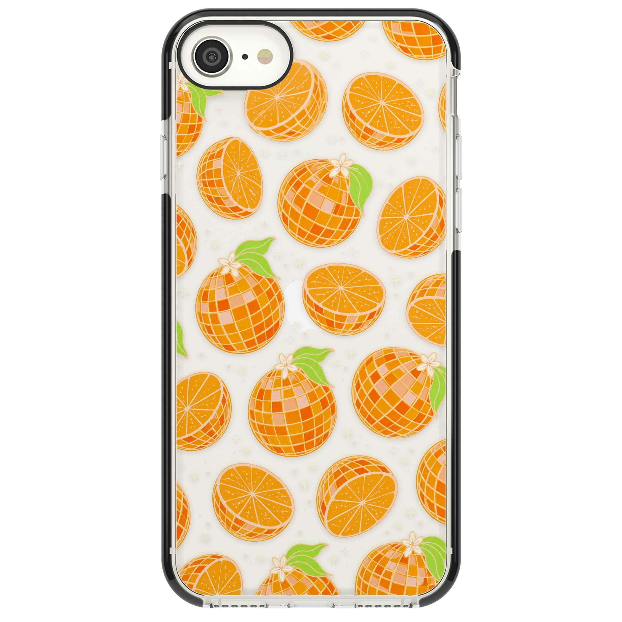 Disco Oranges retro iPhone case featuring mirrorball oranges, citrus slices and tiny blossoms on clear | Black Impact case for iPhone SE