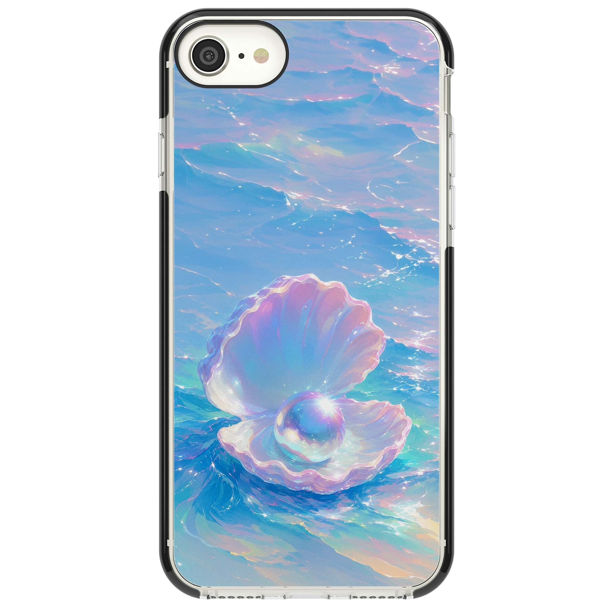 The Pearl Clam mermaidcore iPhone case featuring iridescent seashell, glowing pearl and pastel ocean waves | Black Impact case for iPhone SE