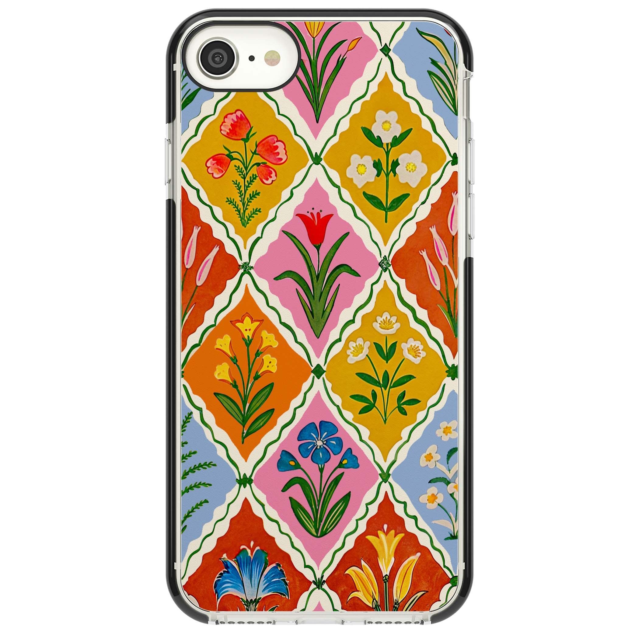 Floral Quilt boho floral iPhone case featuring diamond lattice pattern, hand-painted tulips and folk art wildflowers | Black Impact case for iPhone SE