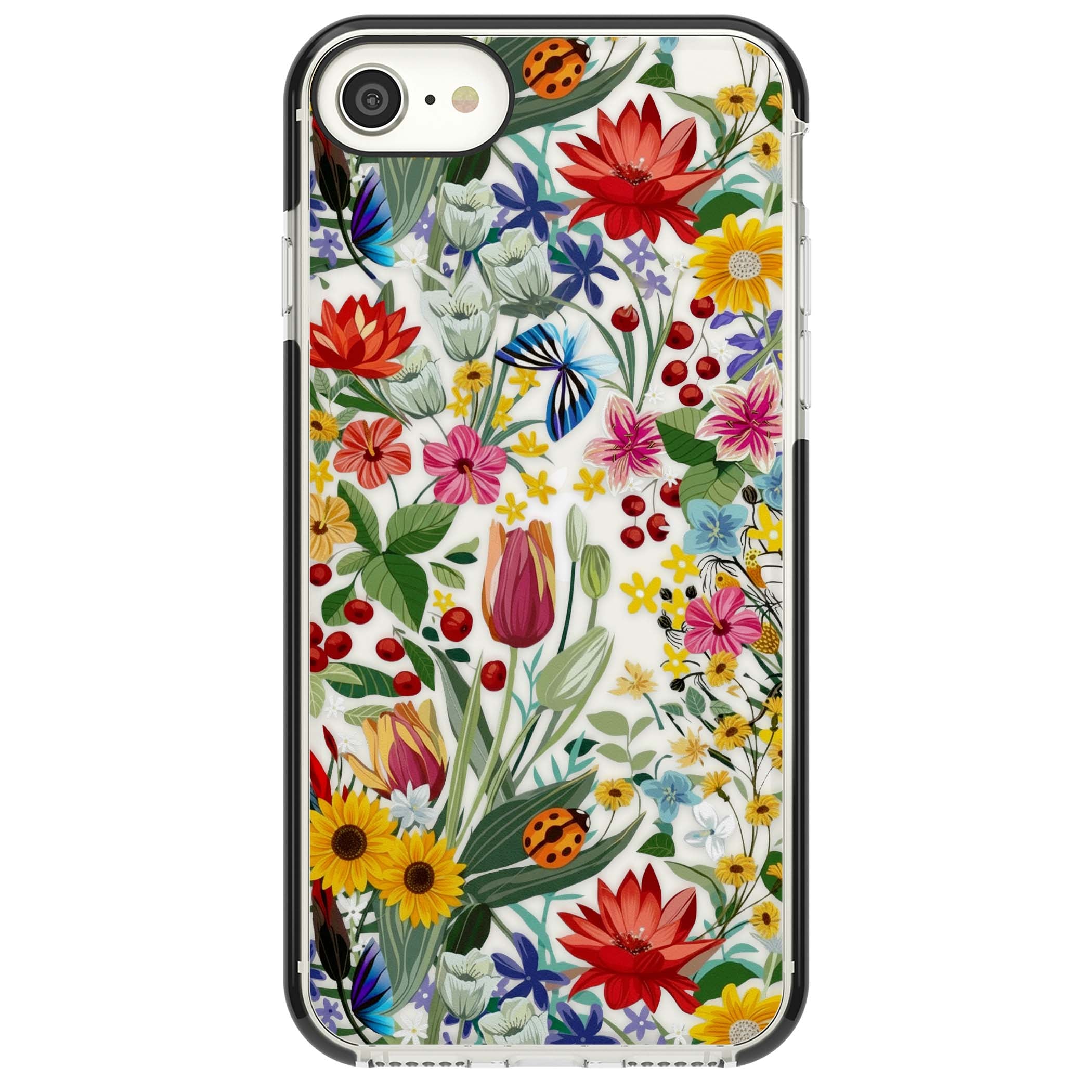 Botanical Bloom cottagecore iPhone case featuring colorful wildflowers, sunflowers, and ladybugs on clear background | Black Impact case for iPhone SE