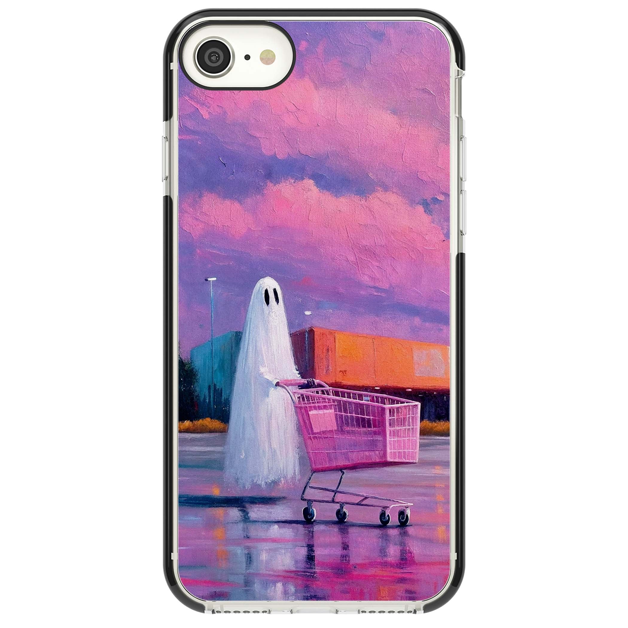 A Ghost's Errand ghost halloween iPhone case featuring a painted ghost, pink shopping trolley and purple sunset sky | Black Impact case for iPhone SE