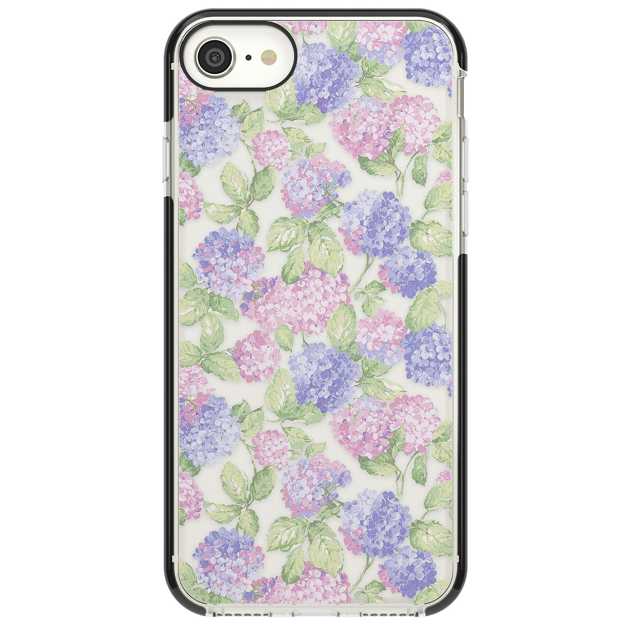Cottage Hydrangea cottagecore iPhone case featuring pink and purple hydrangea blooms with green leaves on a clear background | Black Impact case for iPhone SE