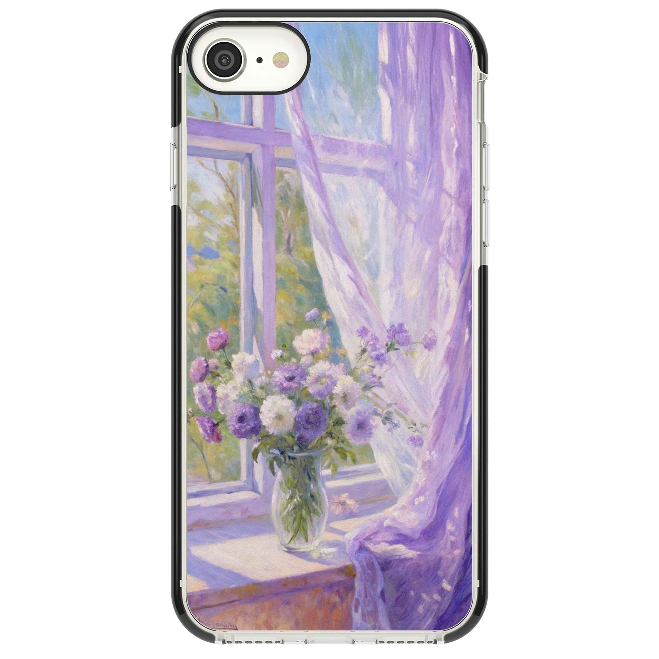 A Provence Morning impressionist art iPhone case featuring a vase of purple flowers, sunlit window and sheer curt | Black Impact case for iPhone SE