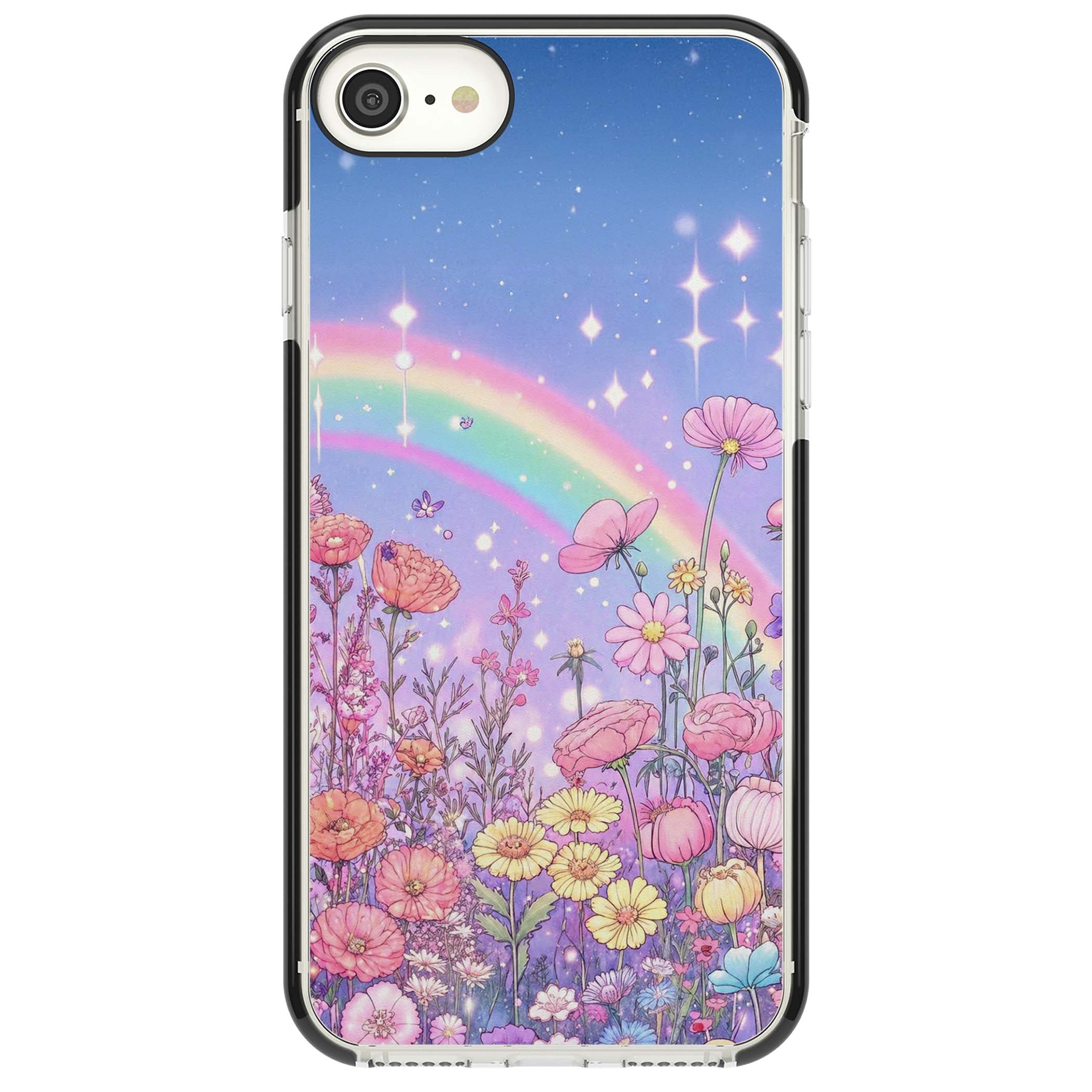 Magical Meadow fairycore iPhone case featuring a pastel rainbow, sparkling stars and a wildflower meadow | Black Impact case for iPhone SE