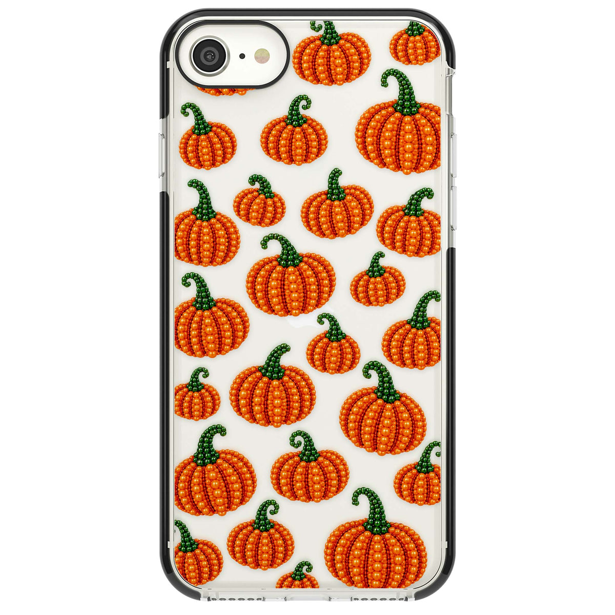 Beaded Pumpkins halloween iPhone case featuring beaded orange pumpkins with green stems on a clear background | Black Impact case for iPhone SE